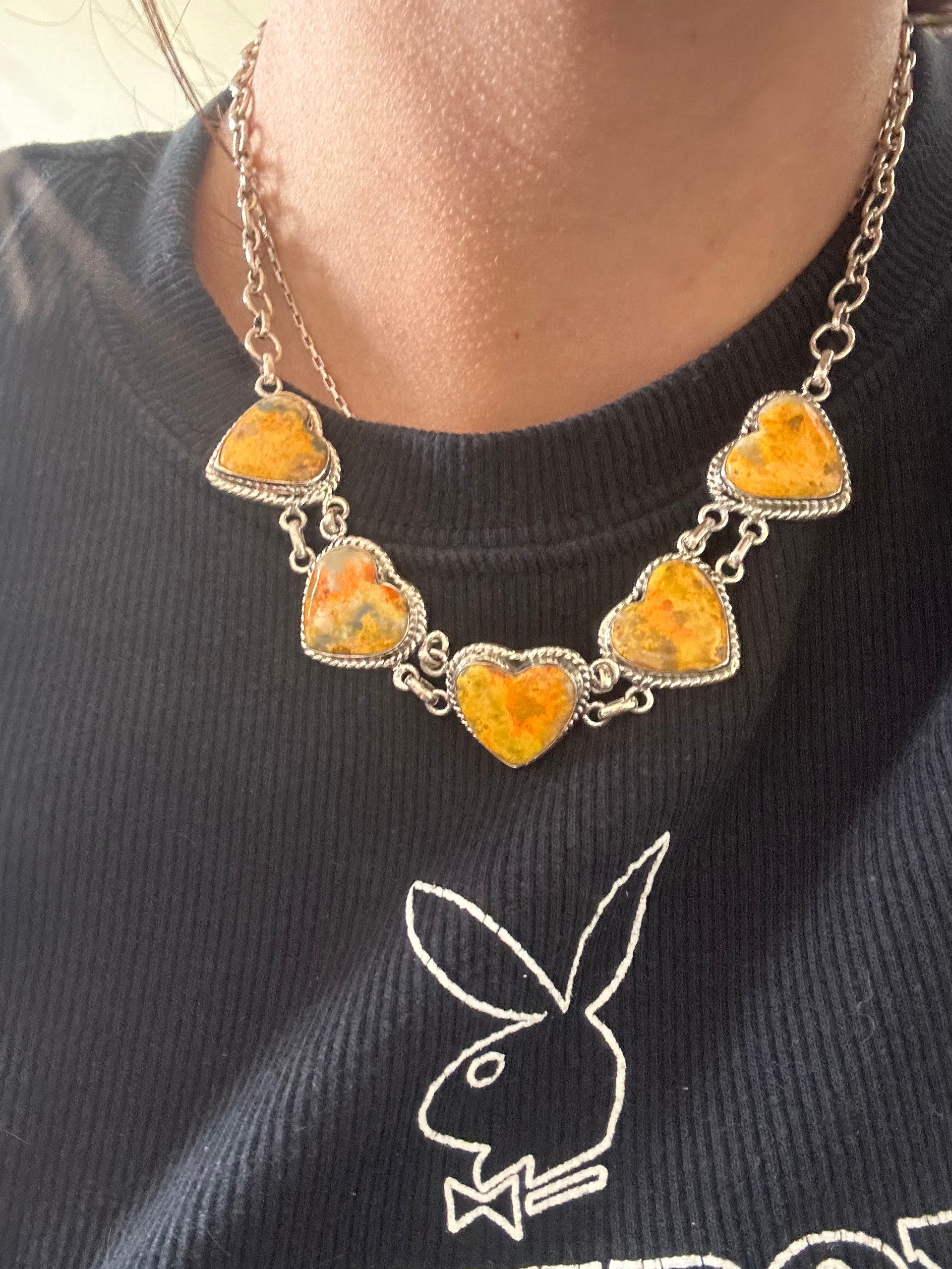 Southwest Made Bumblebee Jasper & Sterling Silver Heart Chocker Necklace Set