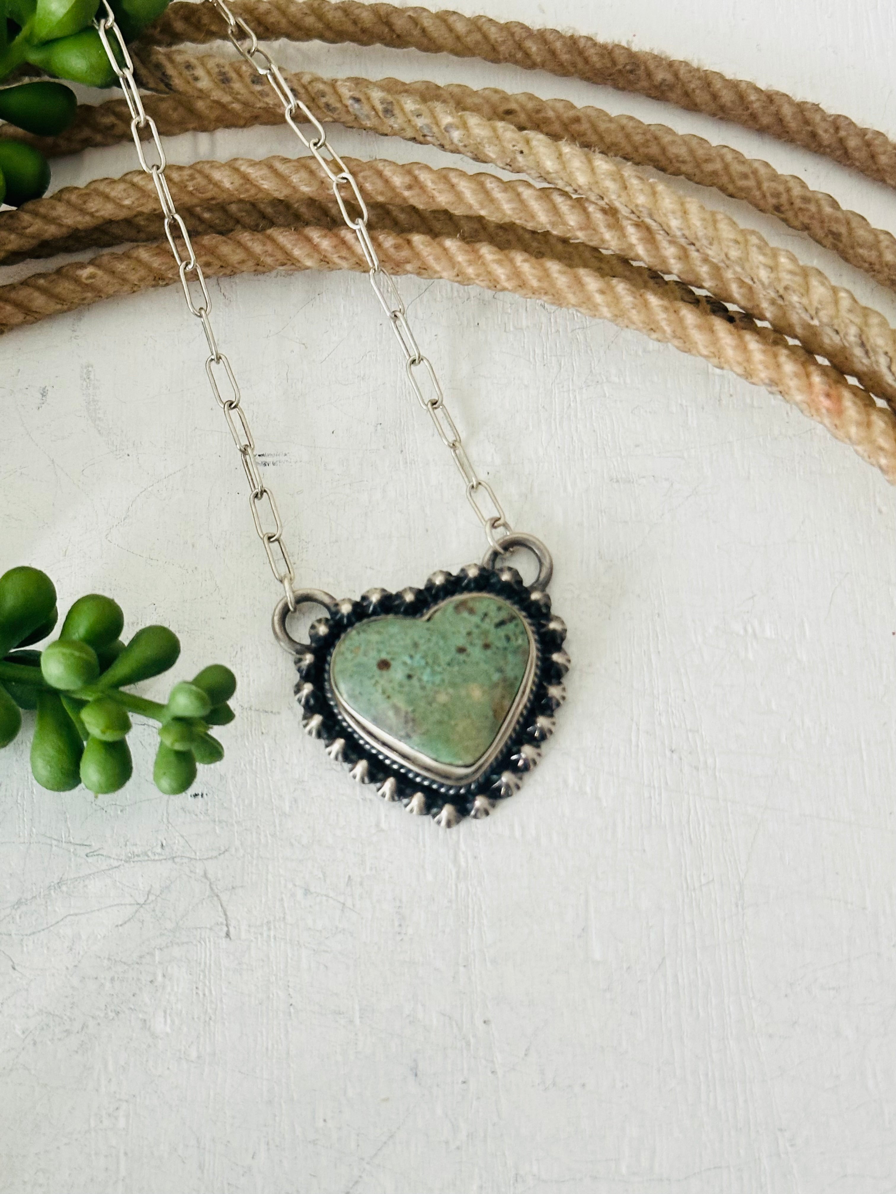 Navajo Made Kingman Turquoise & Sterling Silver Heart Necklace