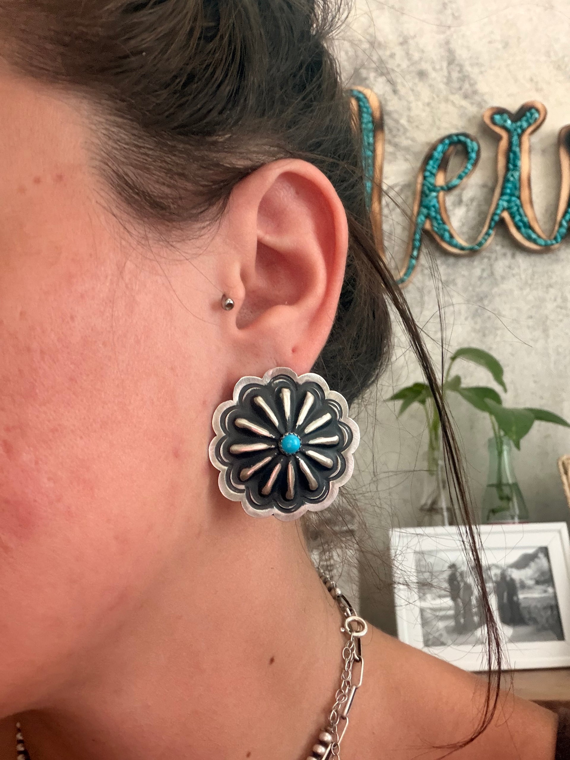 Navajo Made Kingman Turquoise & Sterling Silver Post Concho Earrings