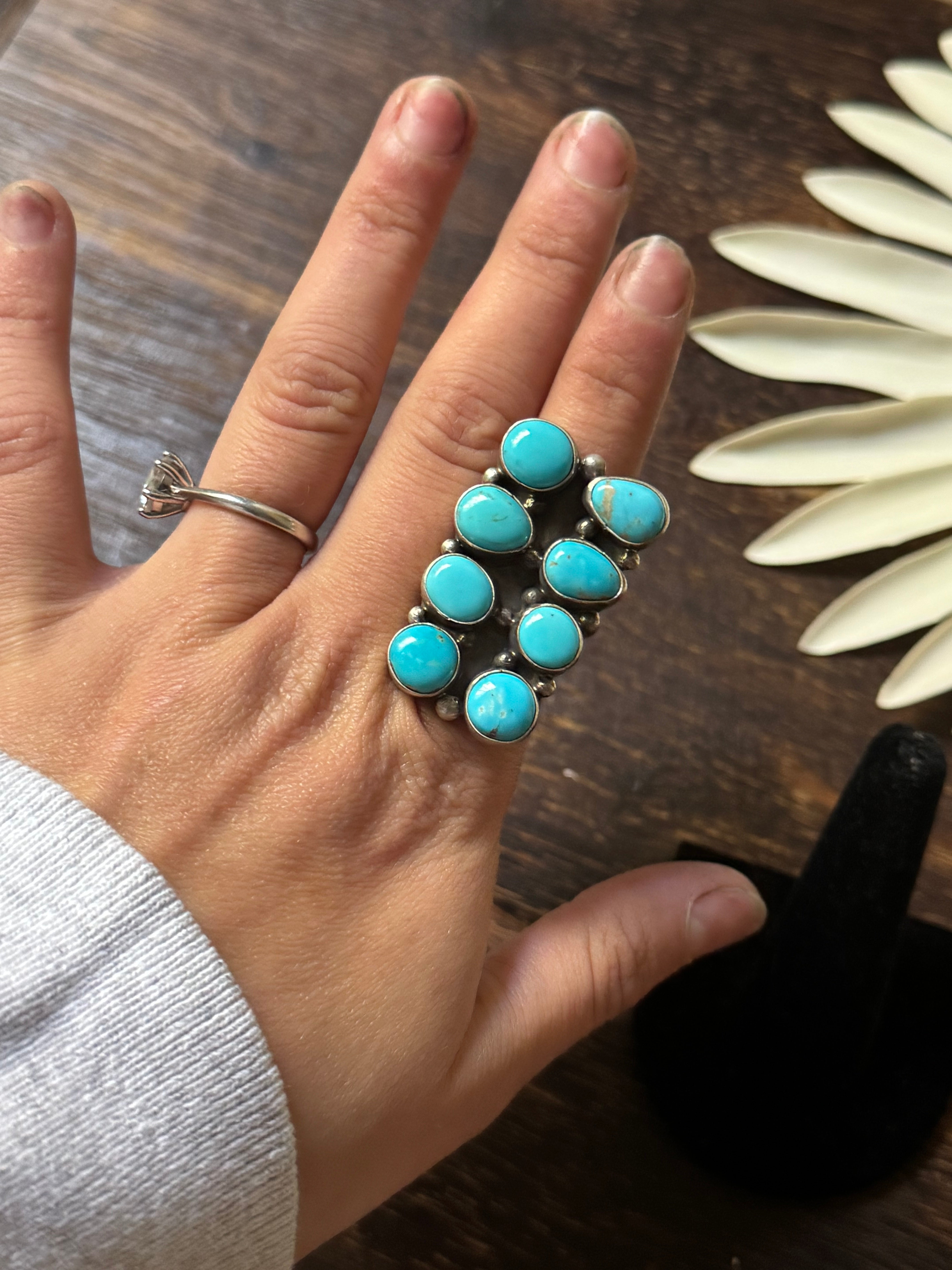 Navajo Made Kingman Turquoise & Sterling Silver Cluster Ring Size 8