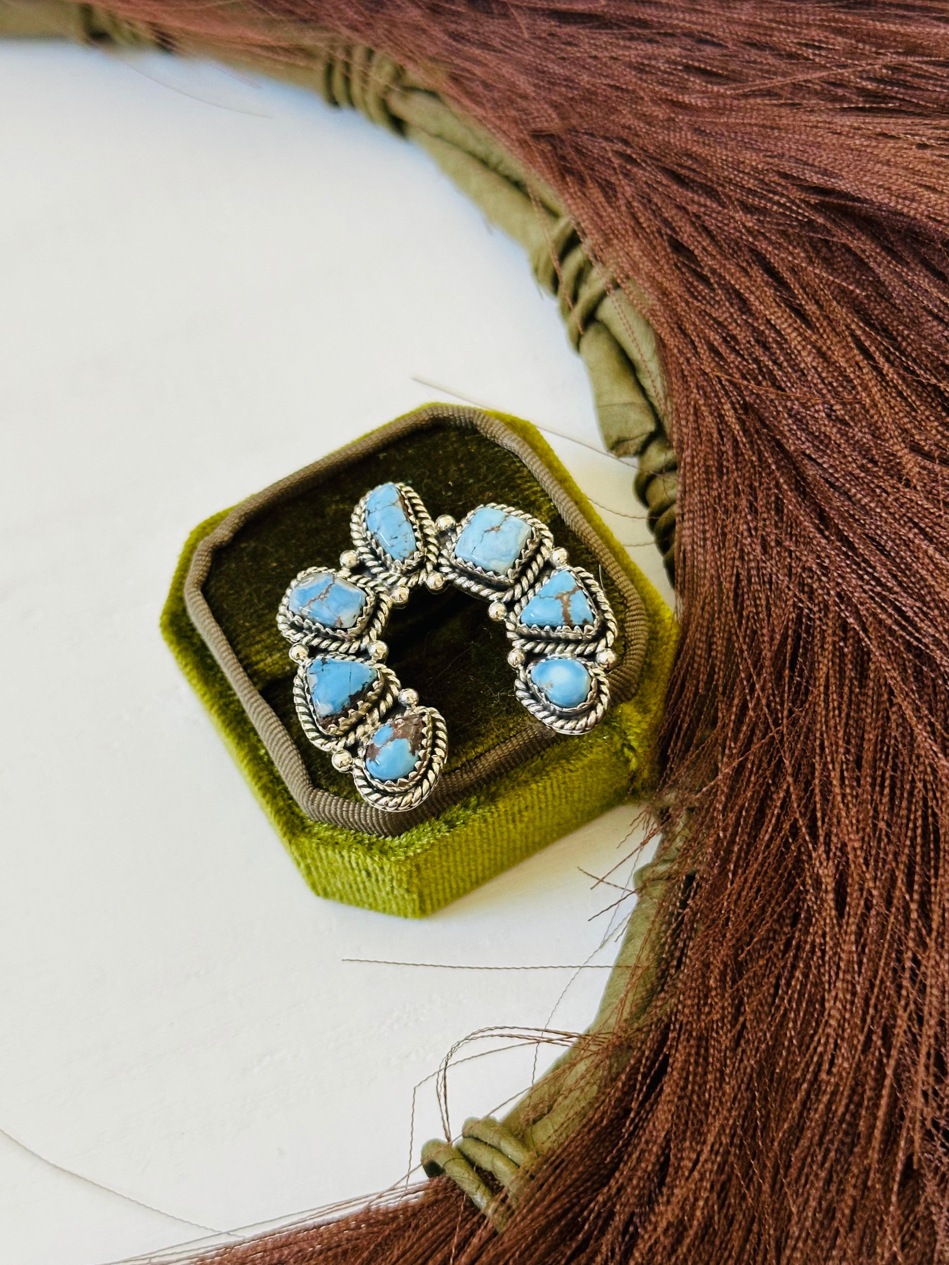 TTD “Prosperous” Golden Hills Turquoise & Sterling Silver Adjustable Cluster Naja Ring