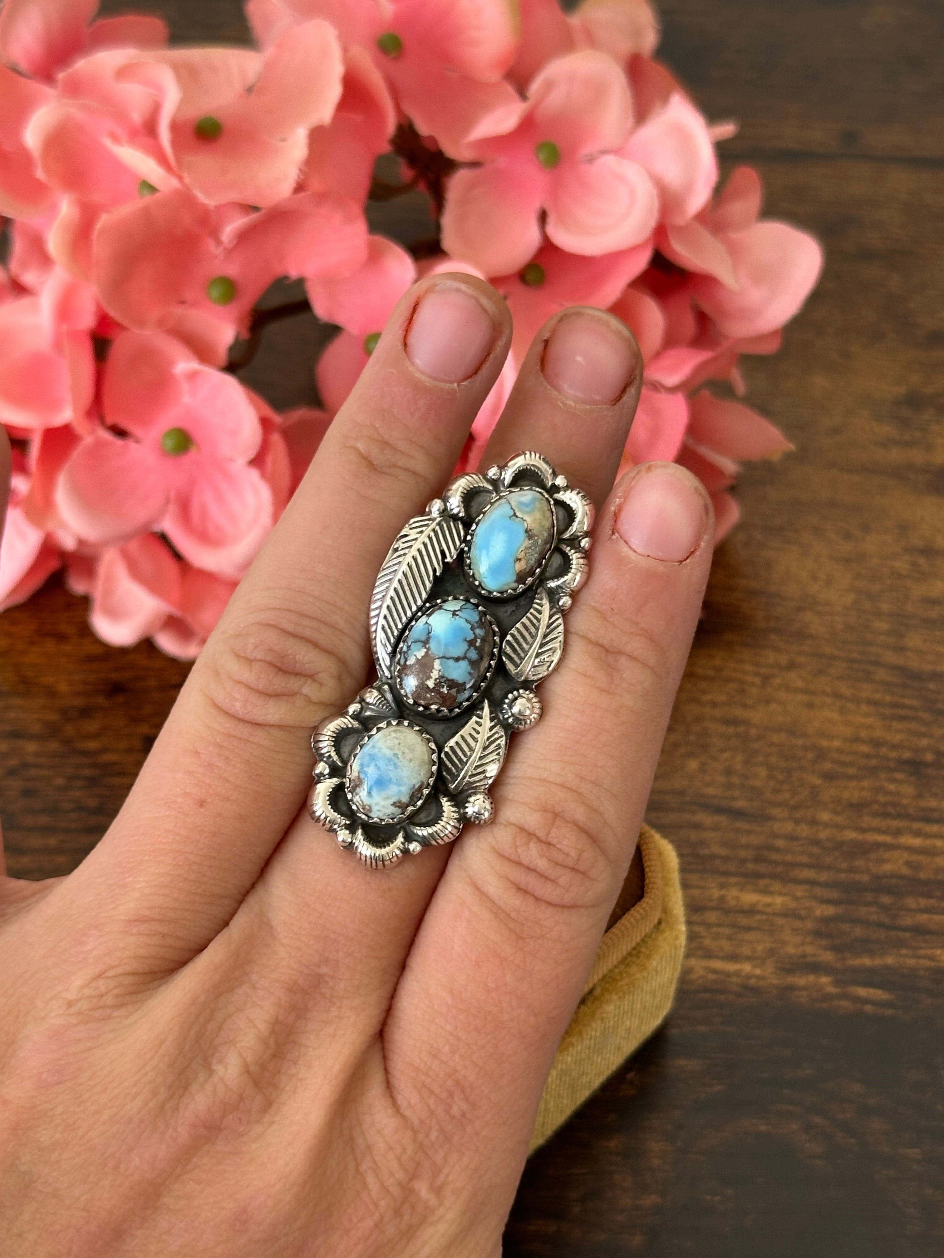 Southwest Handmade Golden Hills Turquoise & Sterling Silver Cluster Adjustable Ring