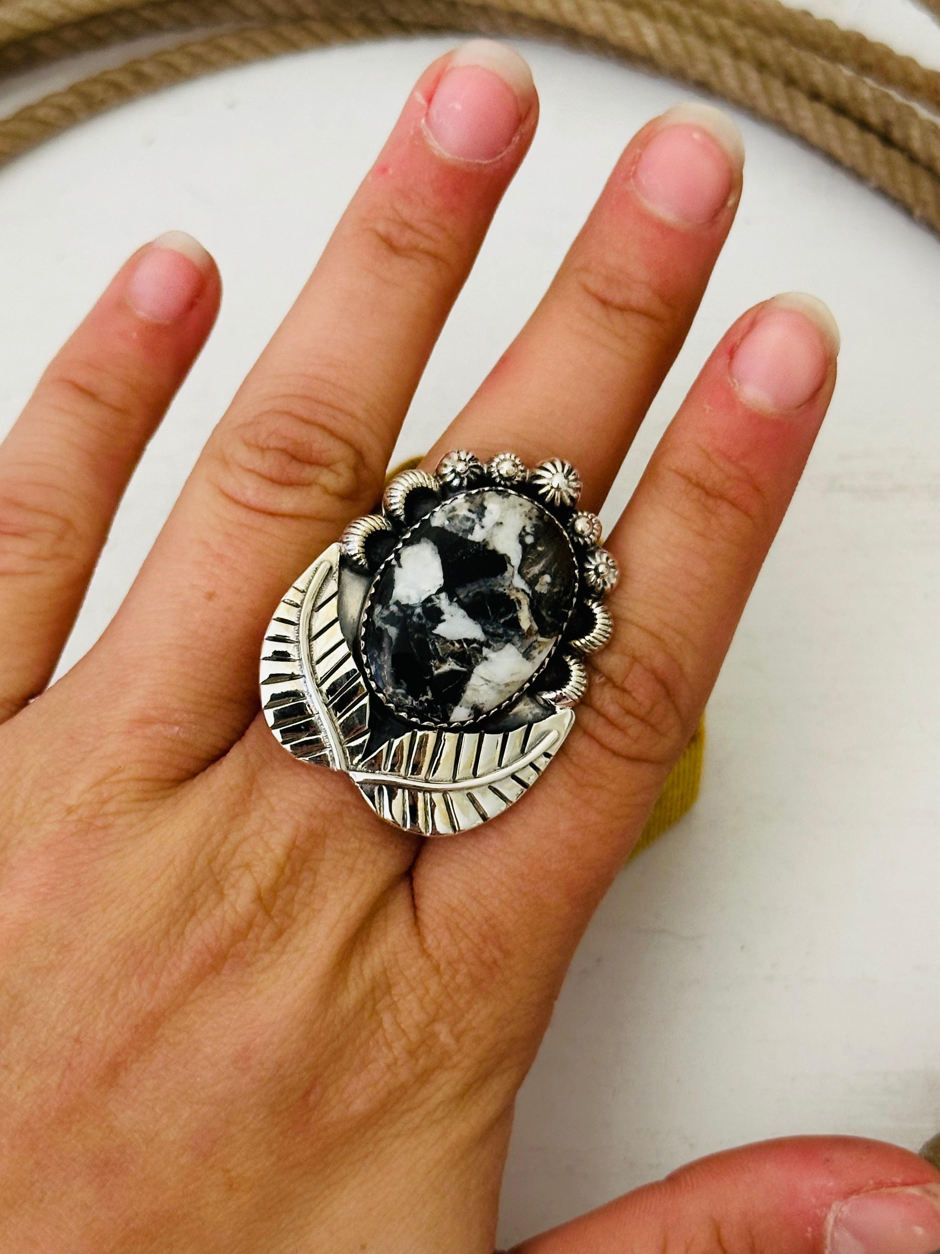 Southwest Handmade White Buffalo & Sterling Silver Adjustable Ring