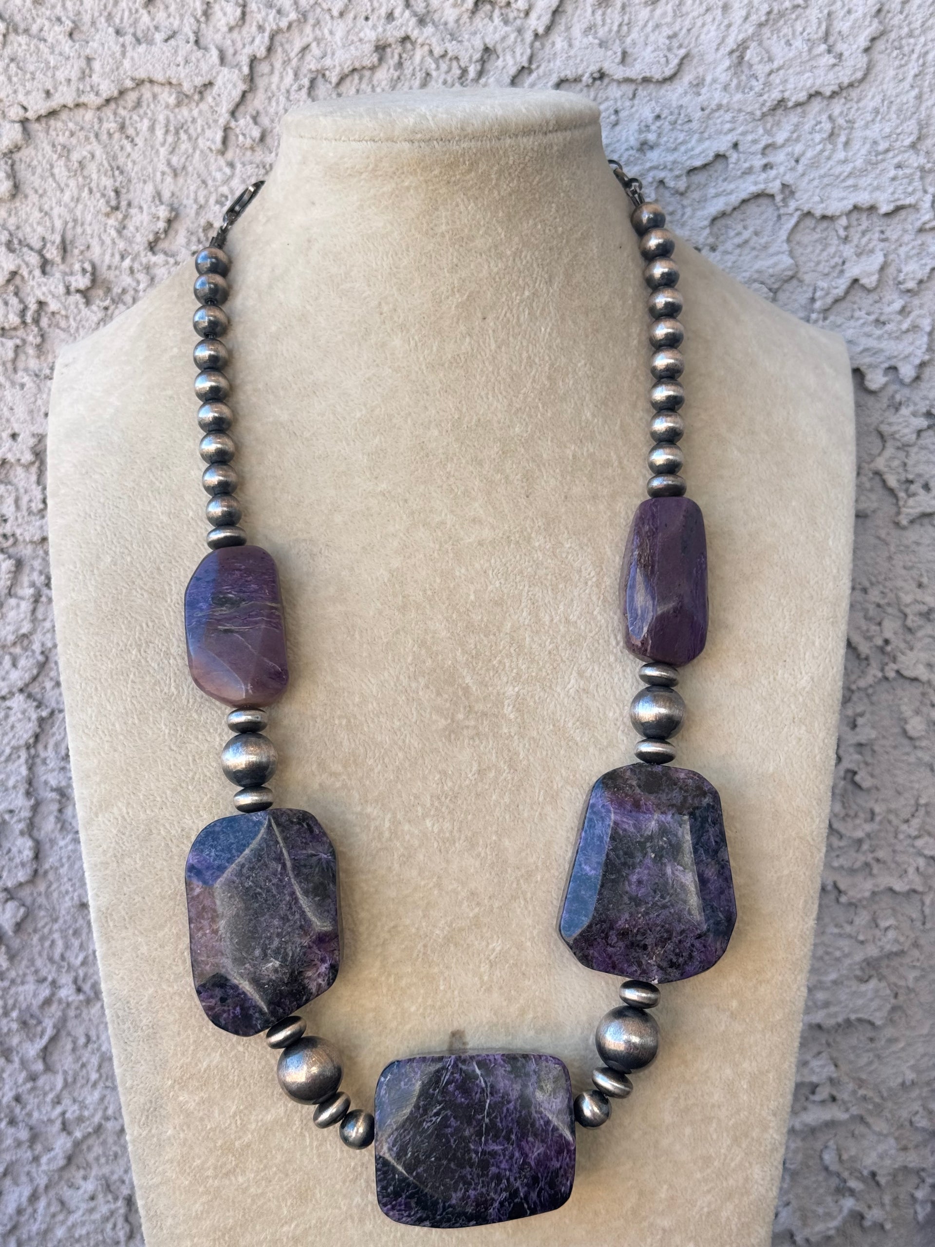 Navajo Strung Charoite & Sterling Silver Pearl Necklace