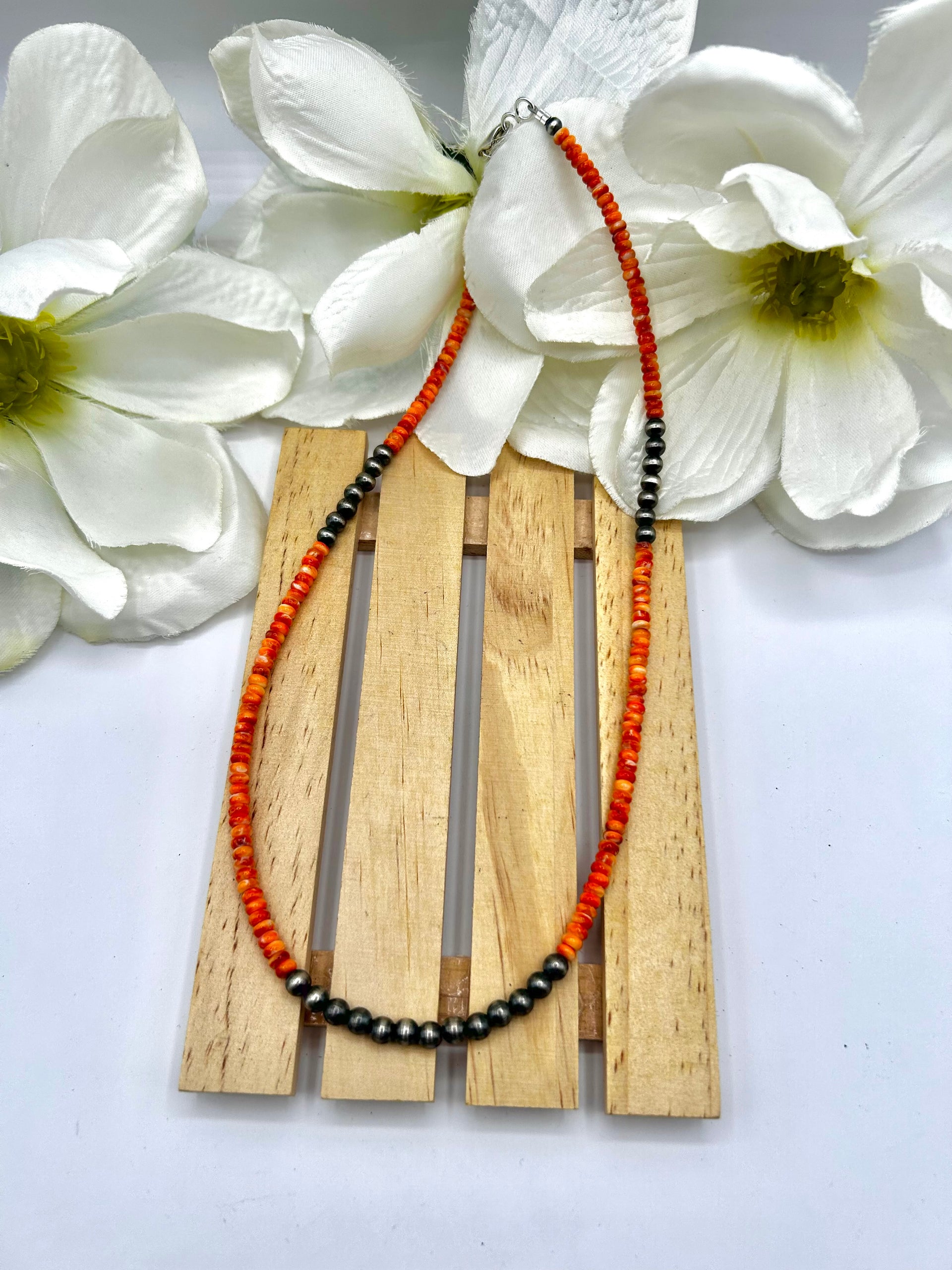 Navajo Made Strung Spiny Oyster & Sterling Silver Necklace