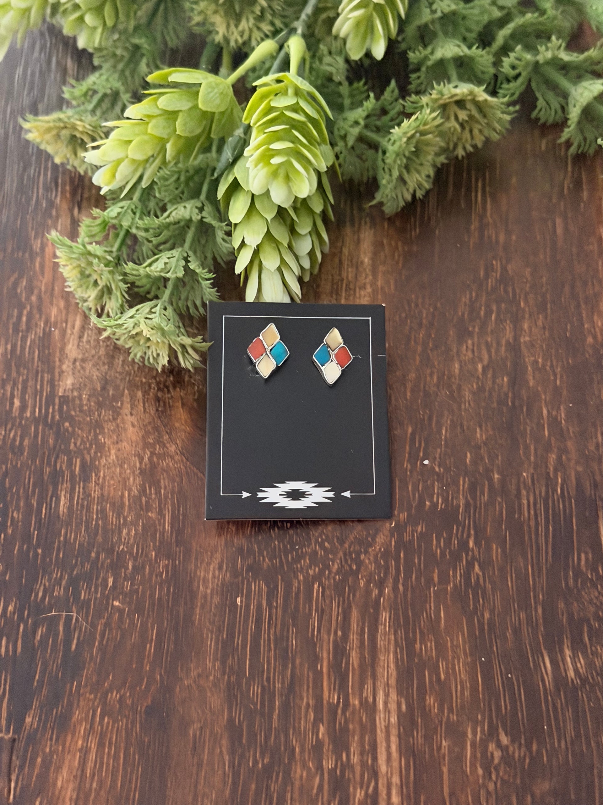 Zuni Made Multi Stone & Sterling Silver Post Inlay Earrings