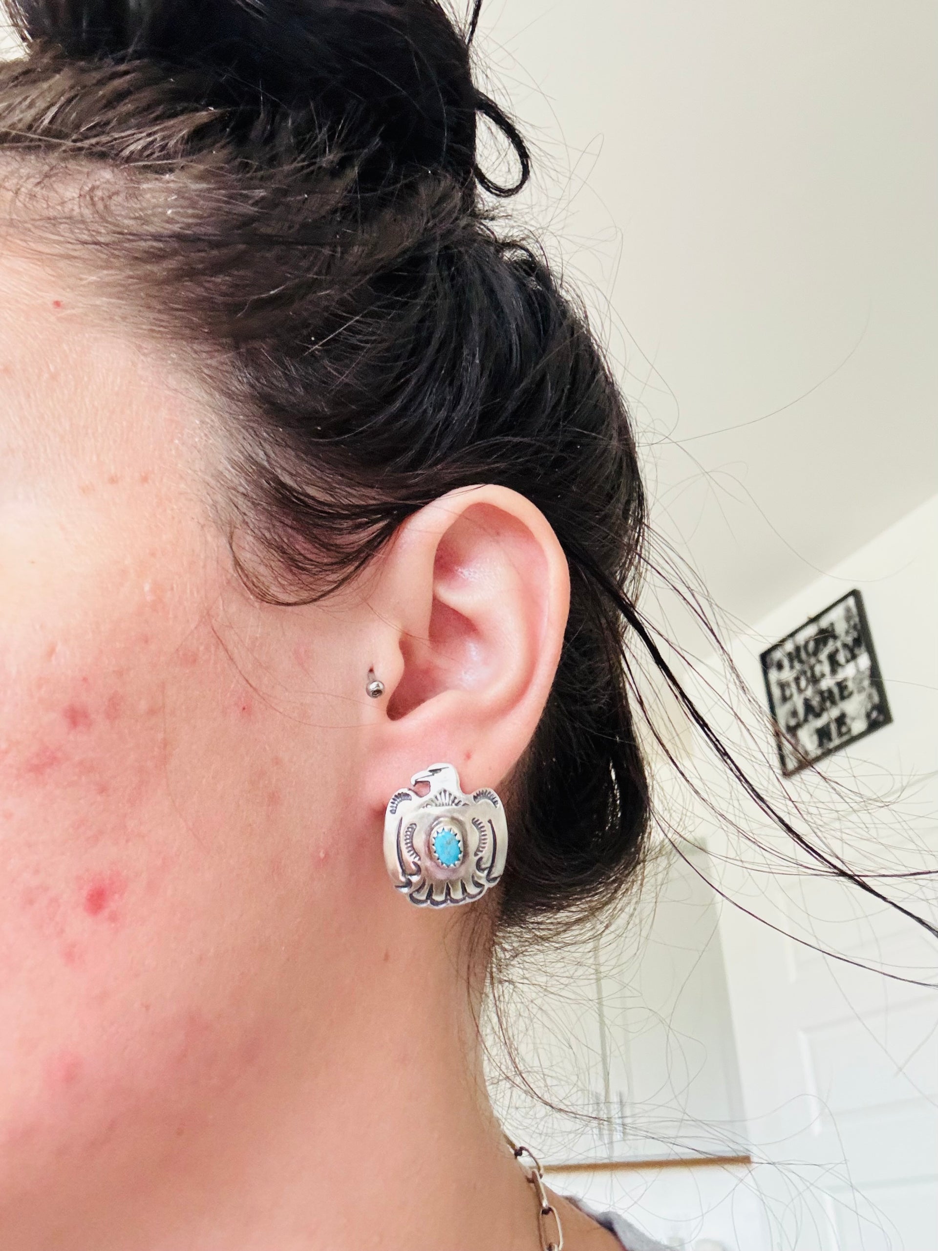 Jerold Joe Kingman Turquoise & Sterling Silver Post Thunderbird Earrings