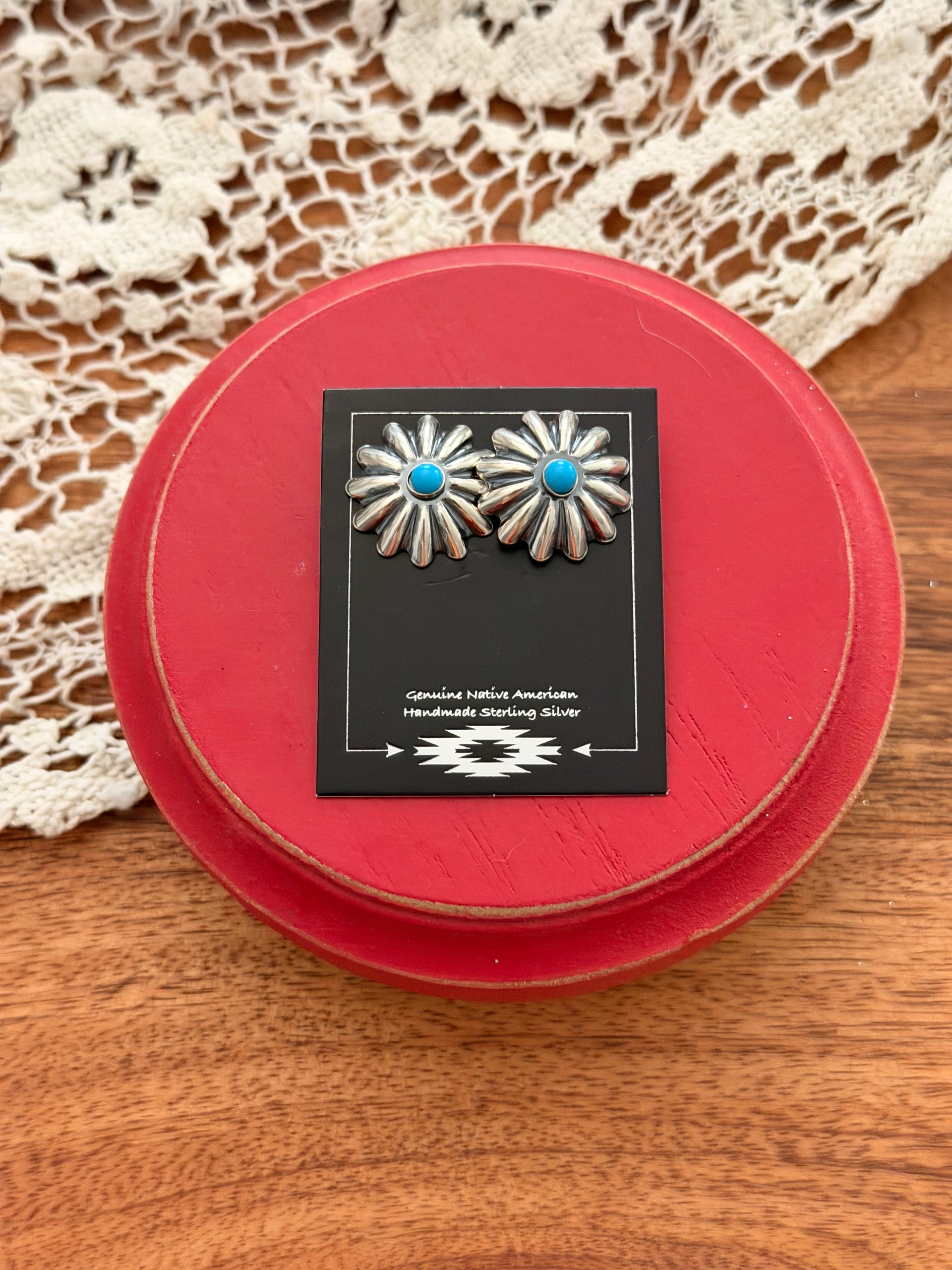 Navajo Made Kingman Turquoise & Sterling Silver Post Concho Earrings