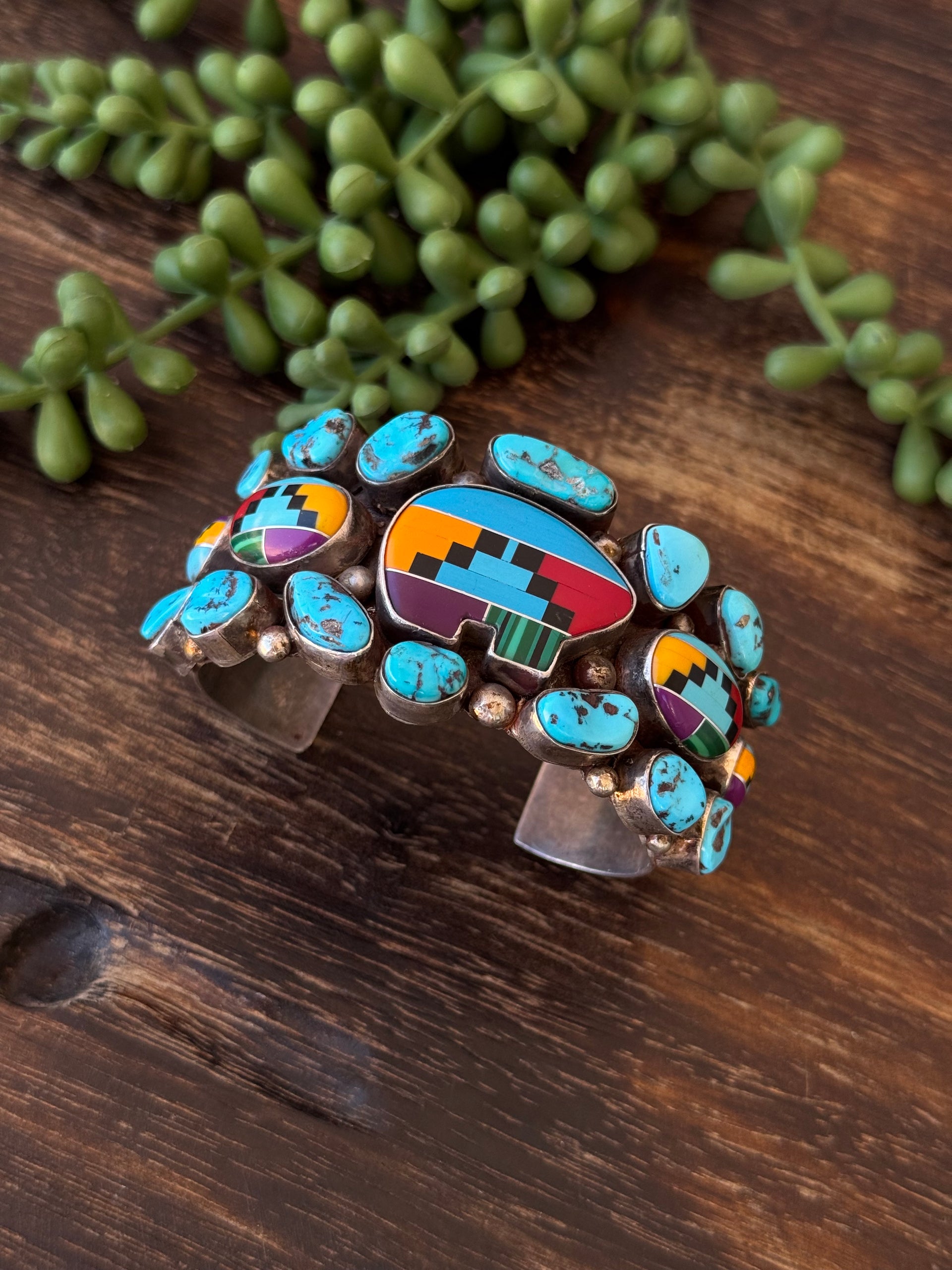 Vintage Jack Bly Multi Stone & Sterling Silver Inlay Cuff Bracelet