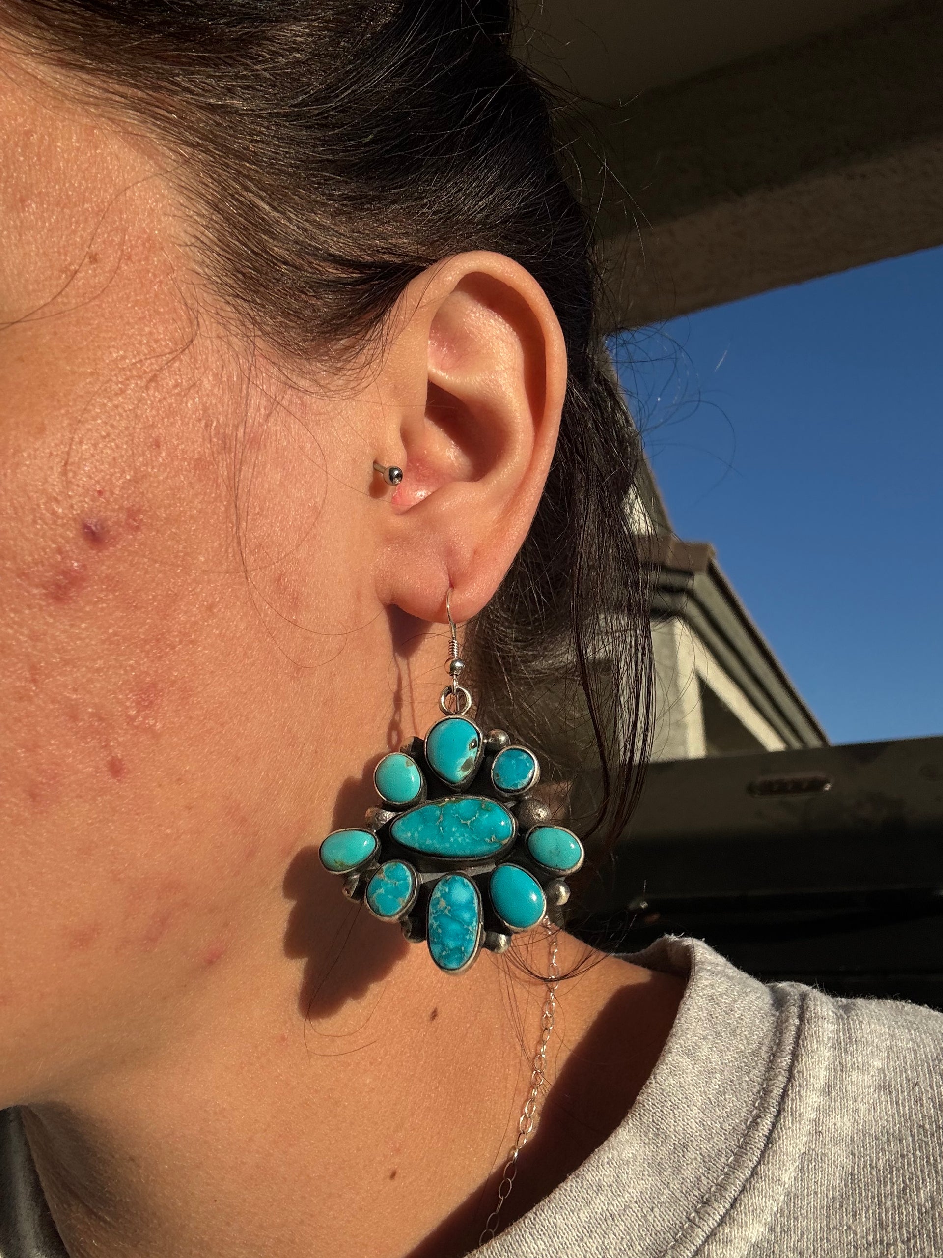 Navajo Made Kingman Turquoise & Sterling Silver Dangle Cluster Earrings