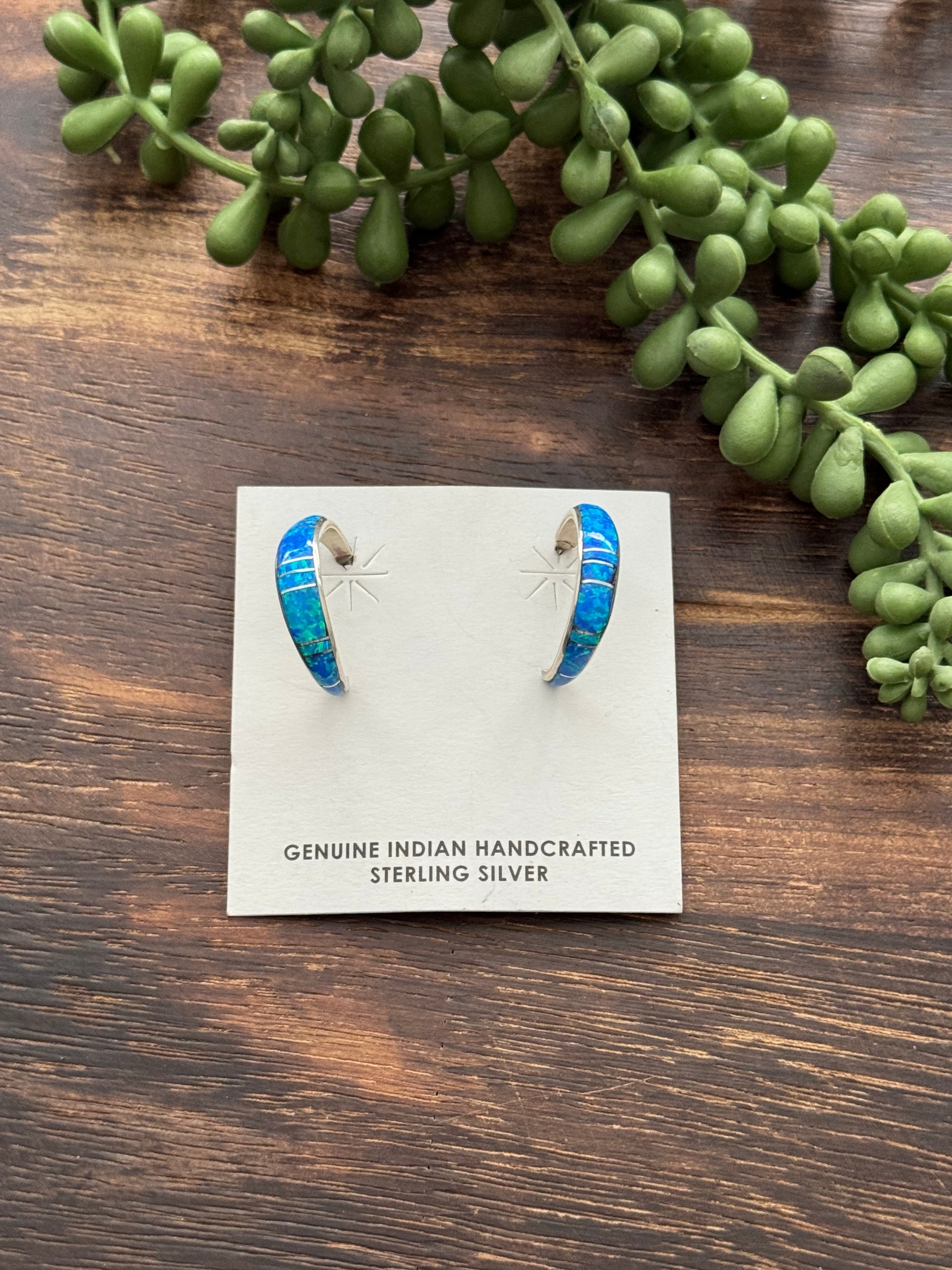 Joe Martinez Blue Opal (Man Made) & Sterling Silver Post Half Hoop Earrings