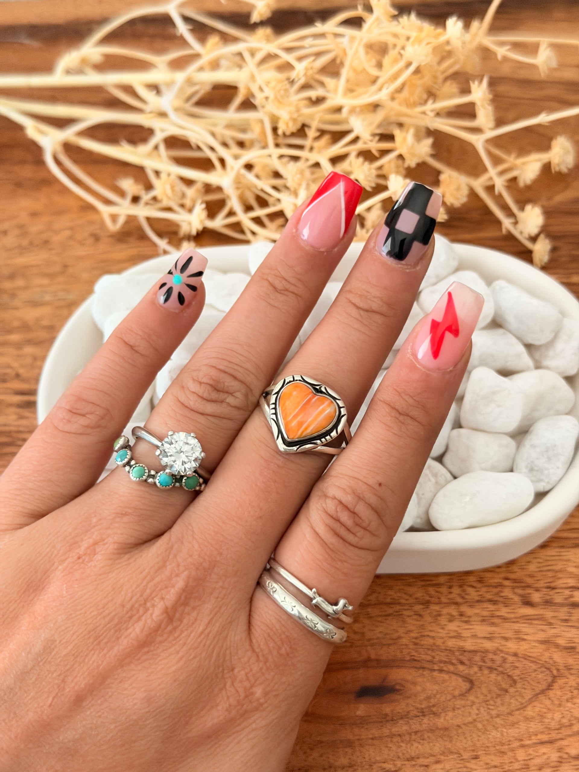 Navajo Made Spiny Oyster & Sterling Silver Heart Ring Size 9
