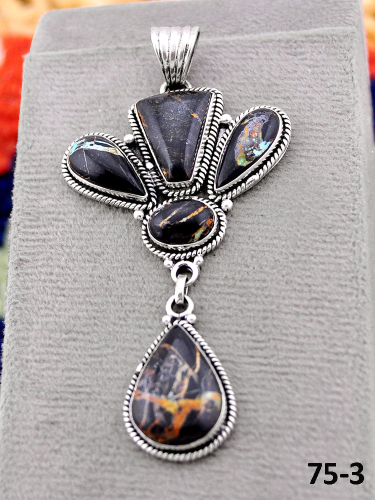 Southwest Handmade Black Jack Turquoise & Sterling Silver Pendants