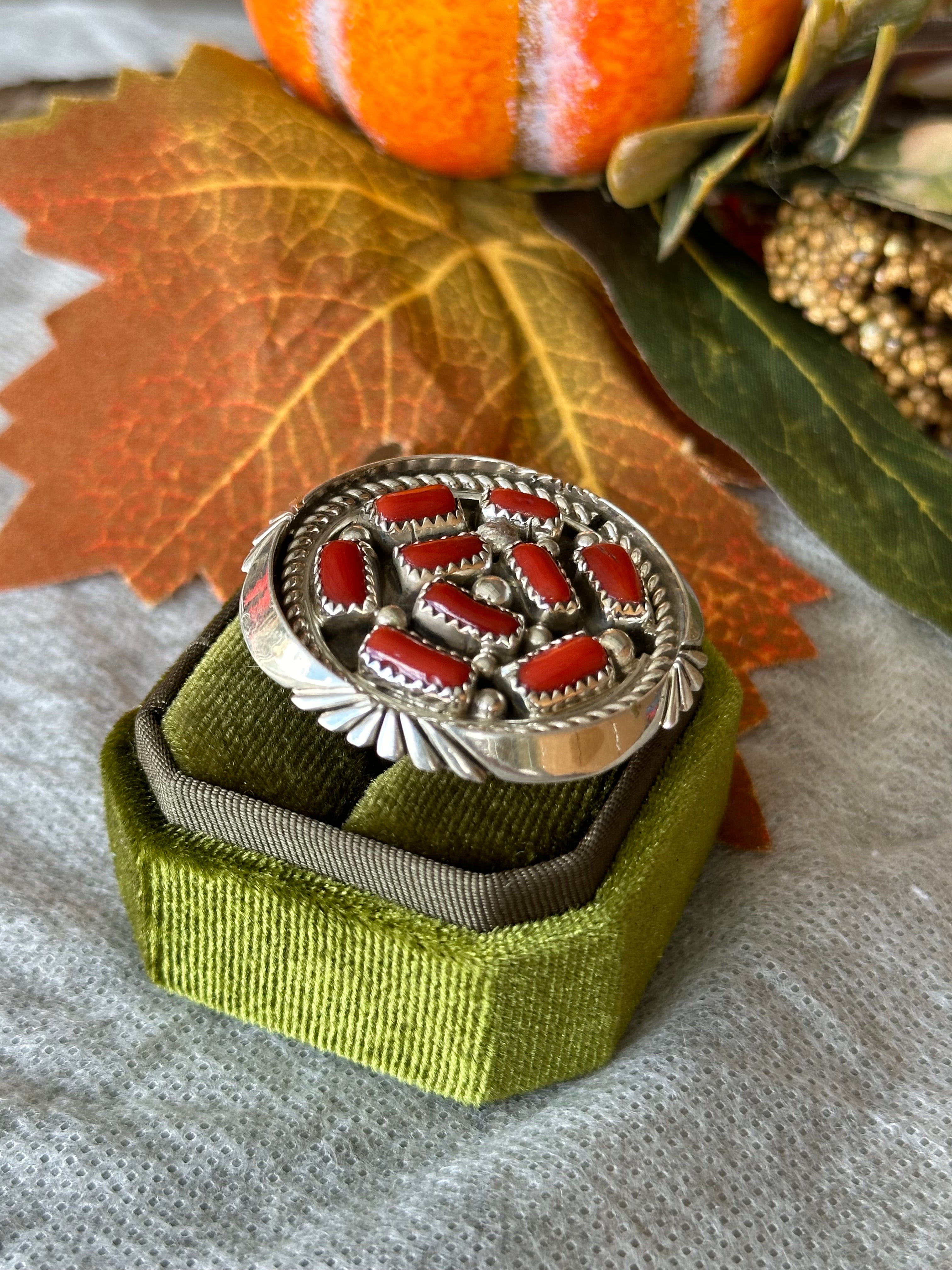 Navajo Handmade Red Coral & Sterling Silver Cluster Ring