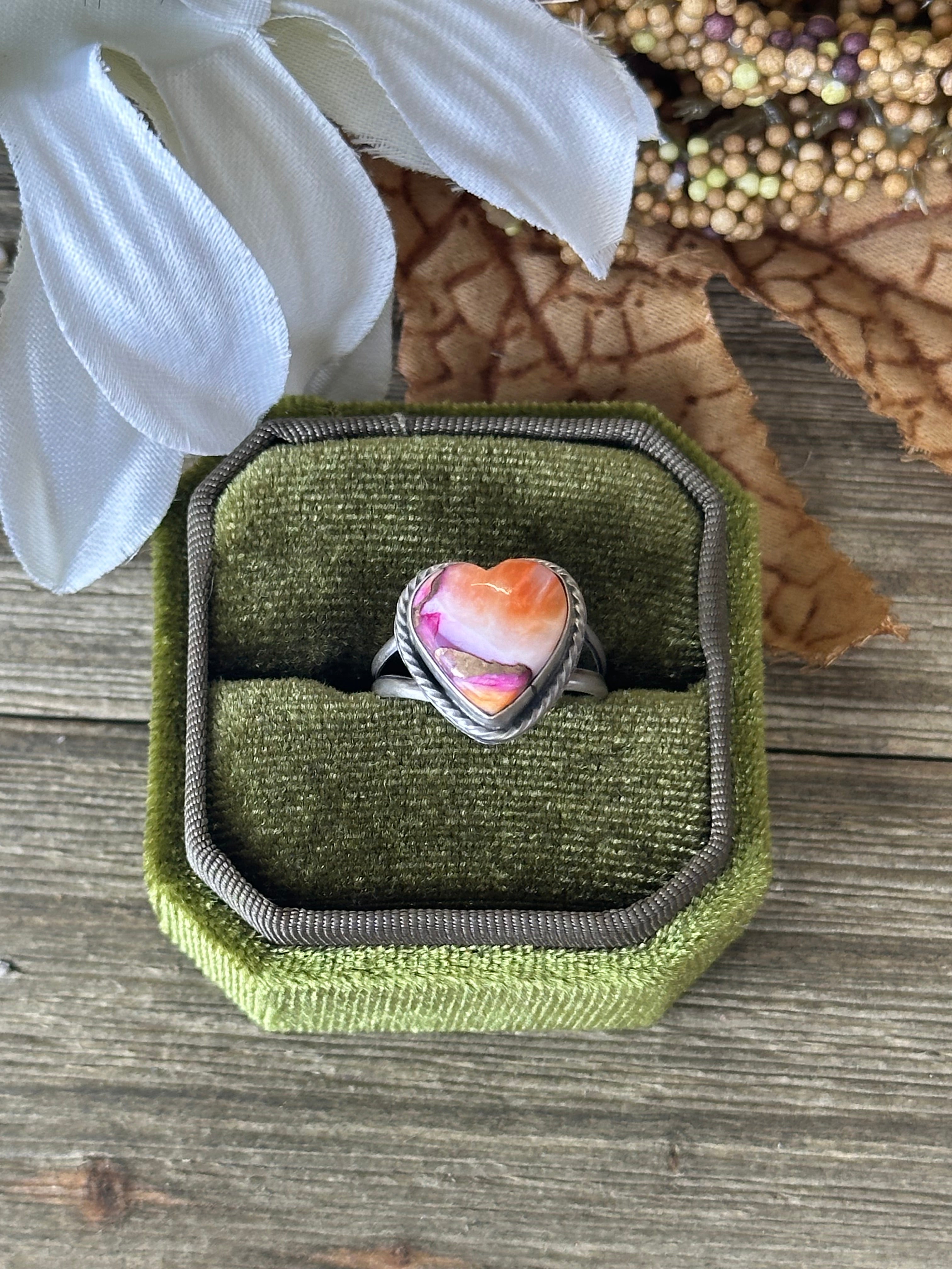 Navajo Made Pink Mohave Turquoise & Sterling Silver Heart Ring