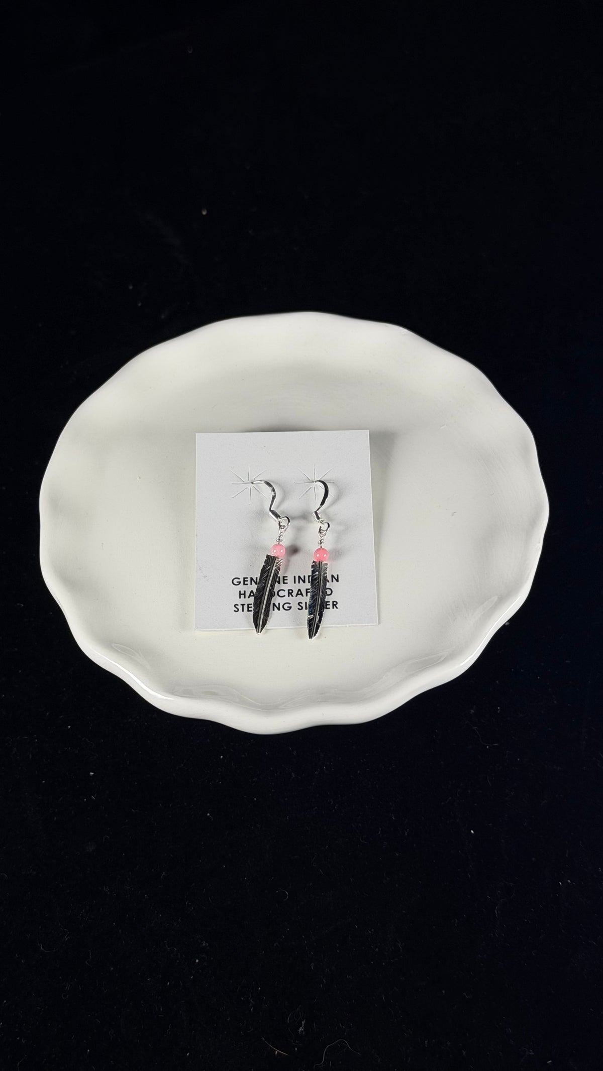 Navajo Made Pink Conch & Sterling Silver Feather Dangle Earrings