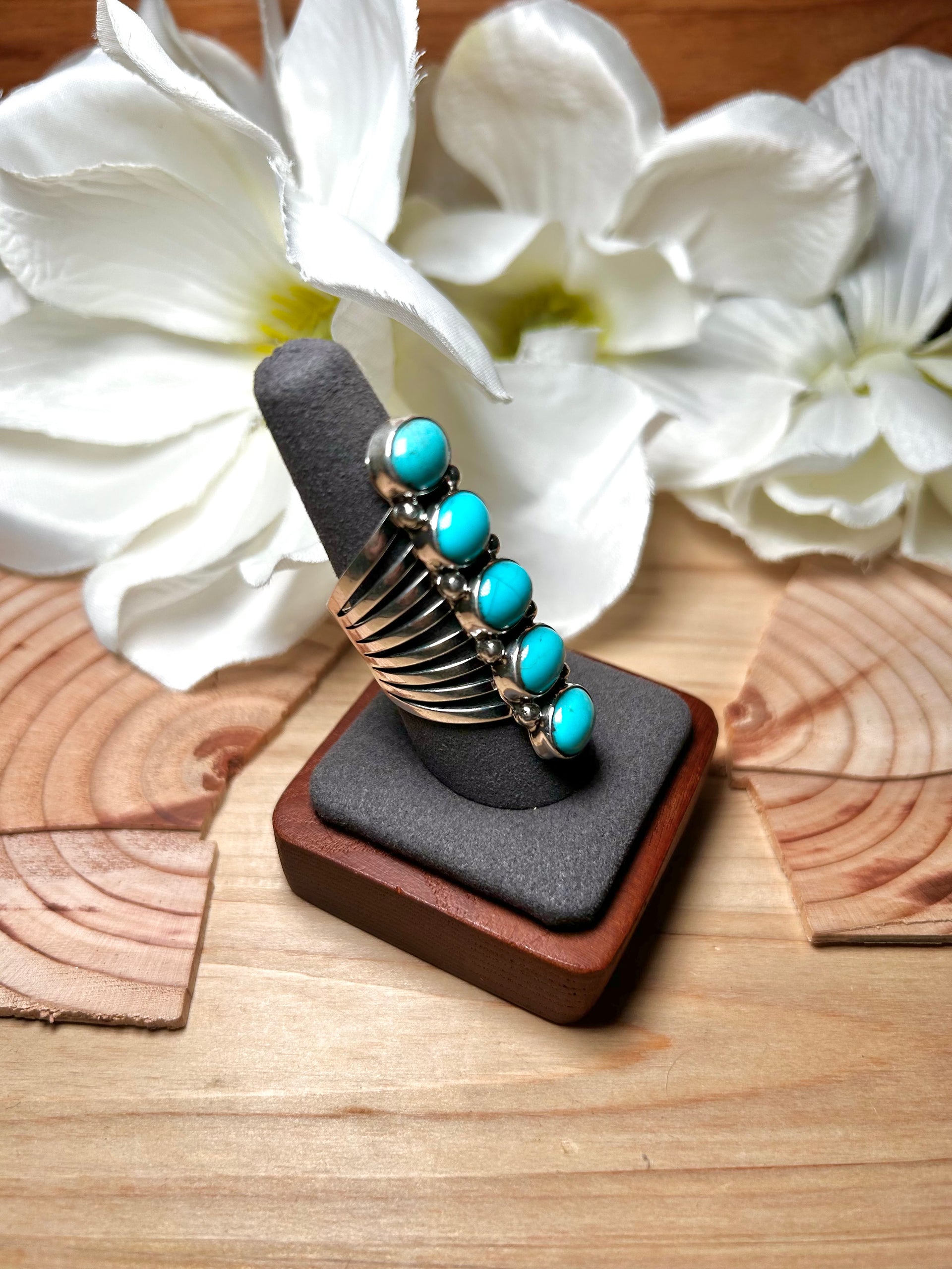 Navajo Made Kingman Turquoise & Sterling Silver Ring Size 8.75