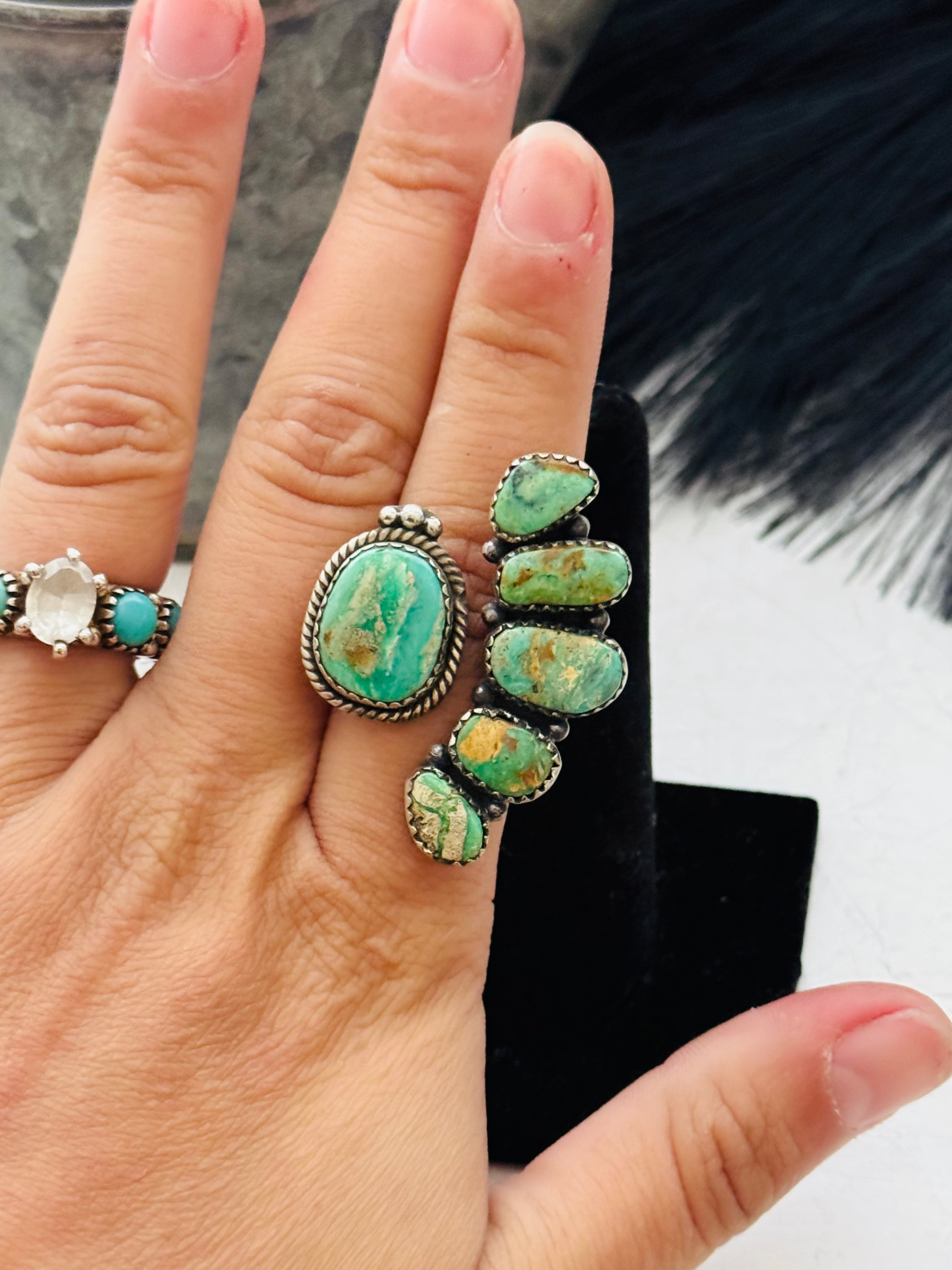 Southwest Handmade Sonoran Mountain Turquoise & Sterling Silver Adjustable Cluster Ring