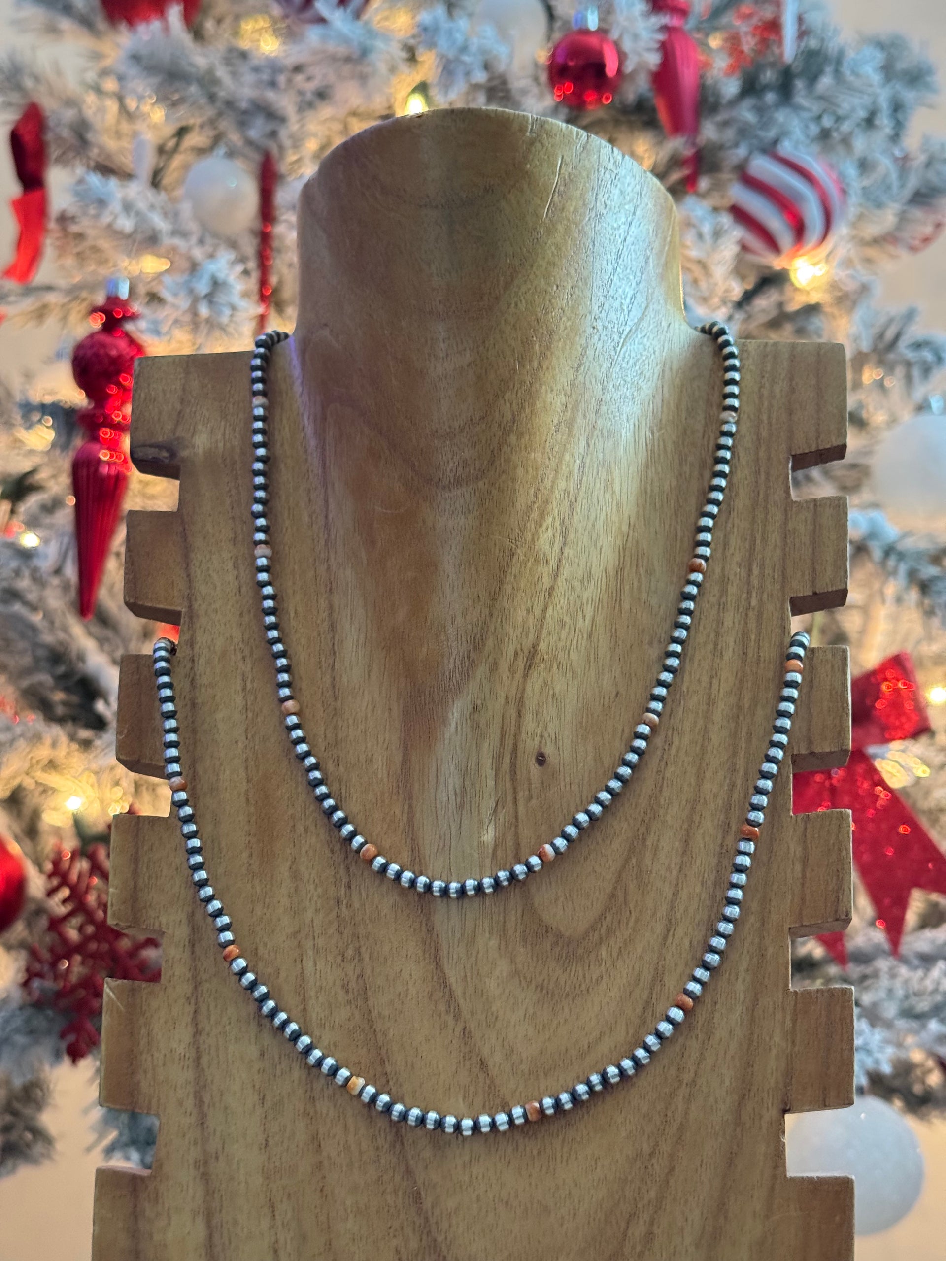 Navajo Strung Red/Orange Spiny Oyster & Sterling Silver Pearl Necklace