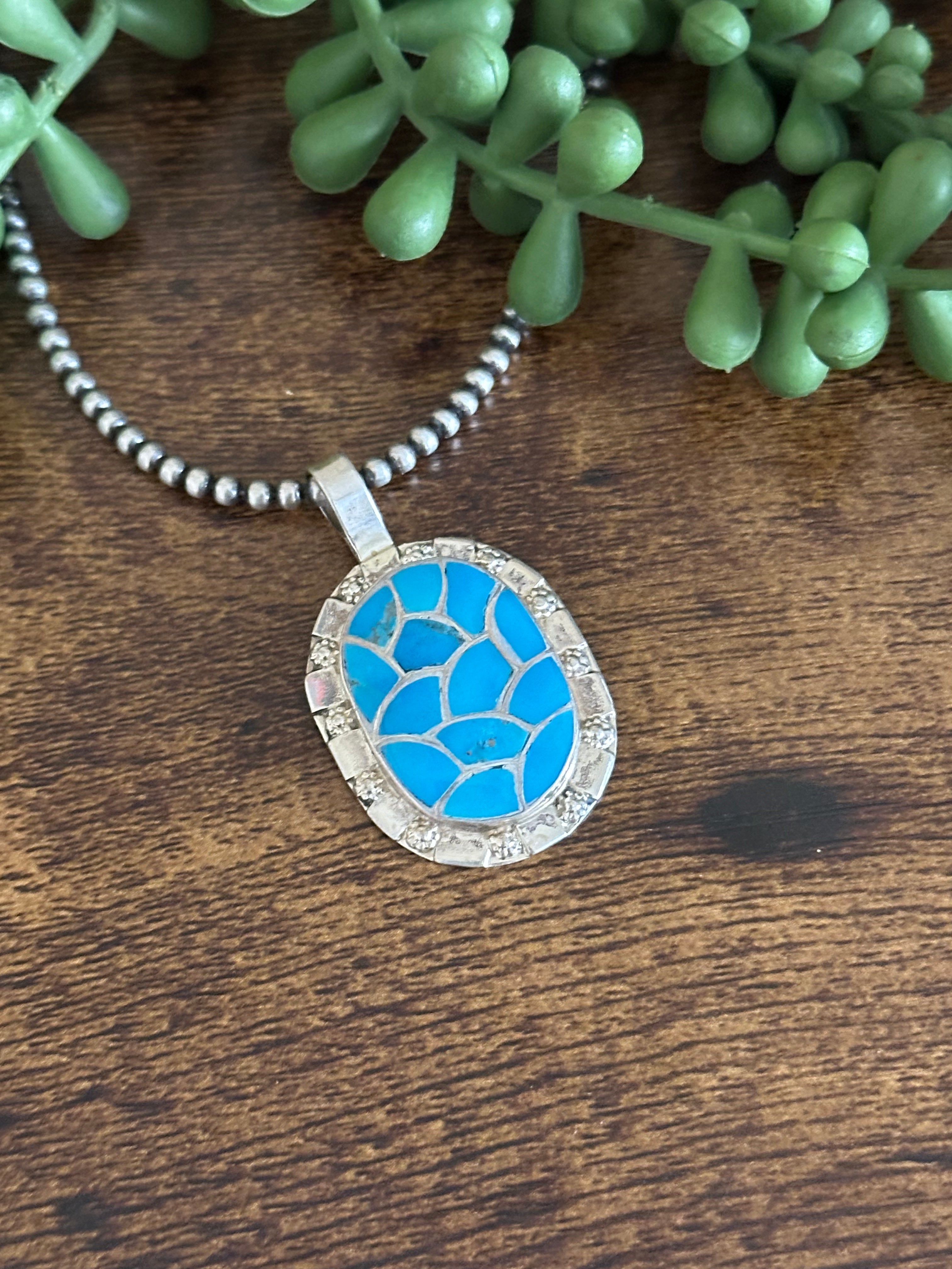 Zuni Handmade Turquoise & Sterling Silver Inlay Pendant