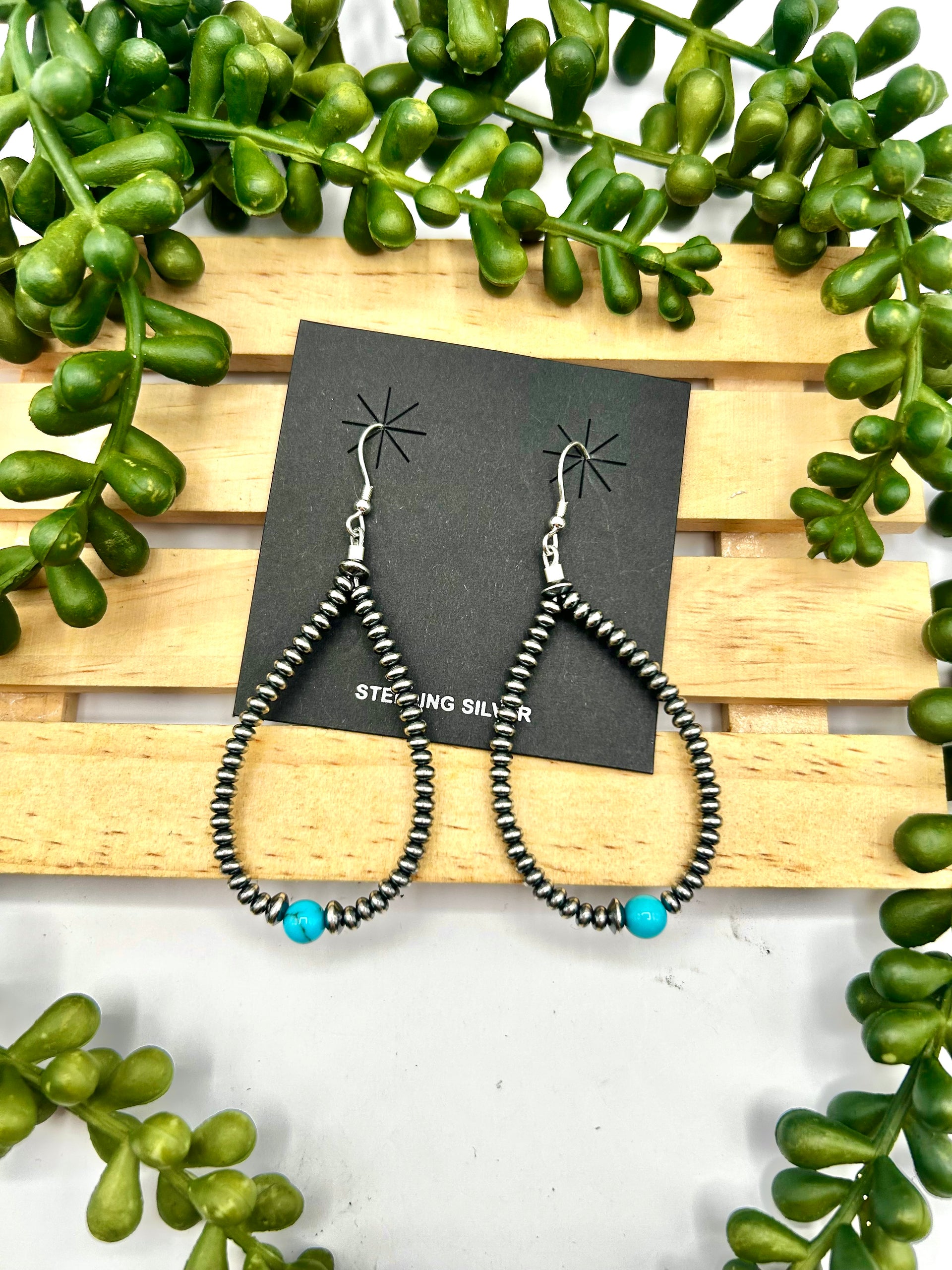 Navajo Made Strung Kingman Turquoise & Sterling Silver Hook Earrings