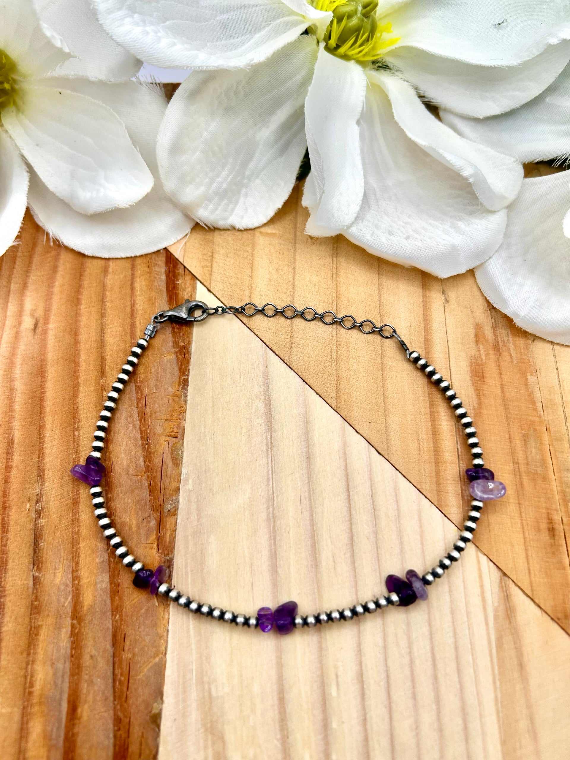 Navajo Made Amethyst & Sterling Silver Strung Anklet