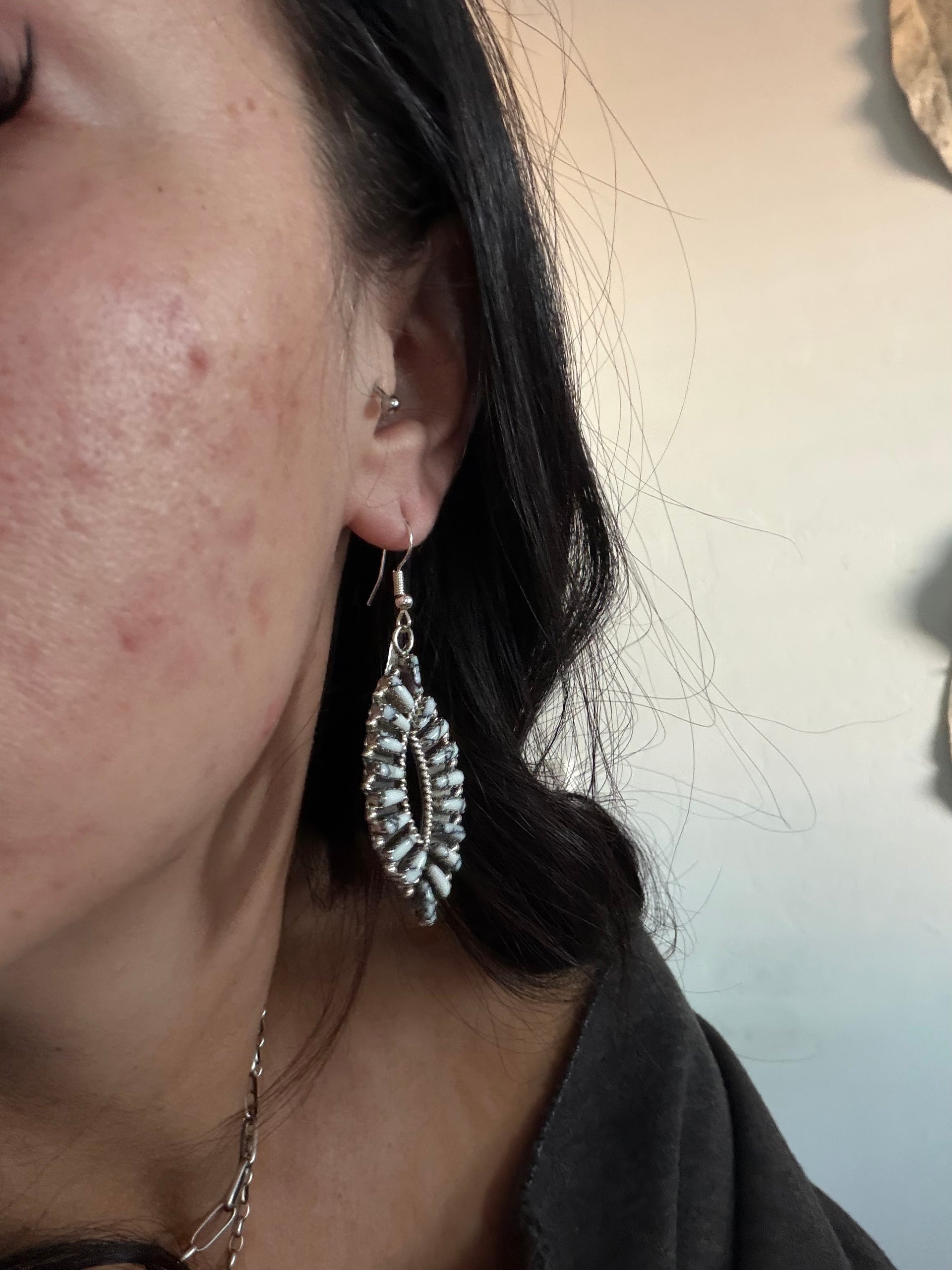 Tamara Benally White Buffalo & Sterling Silver Dangle Cluster Earrings