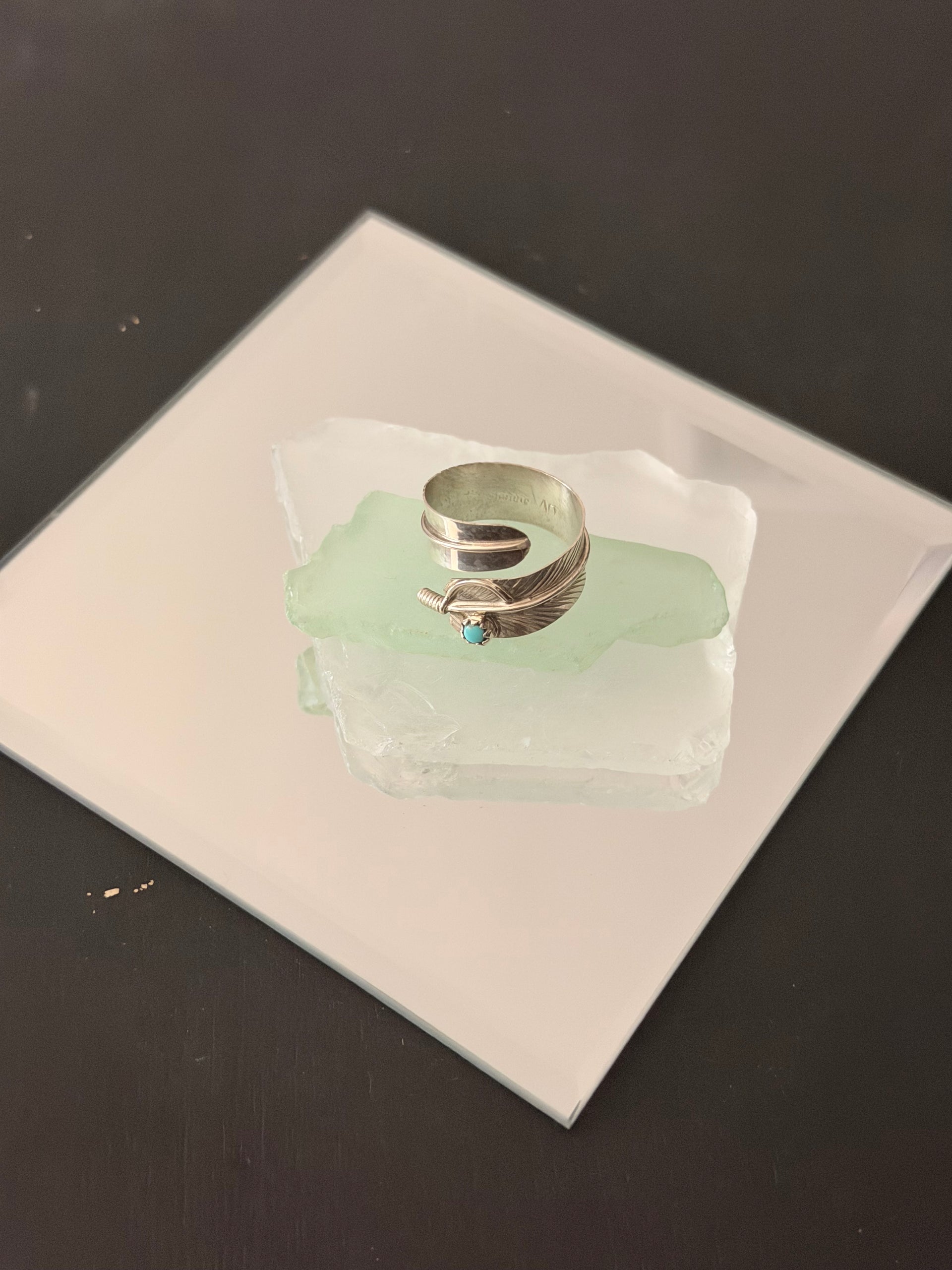 Navajo Made Kingman Turquoise & Sterling Silver Feather Adjustable Ring