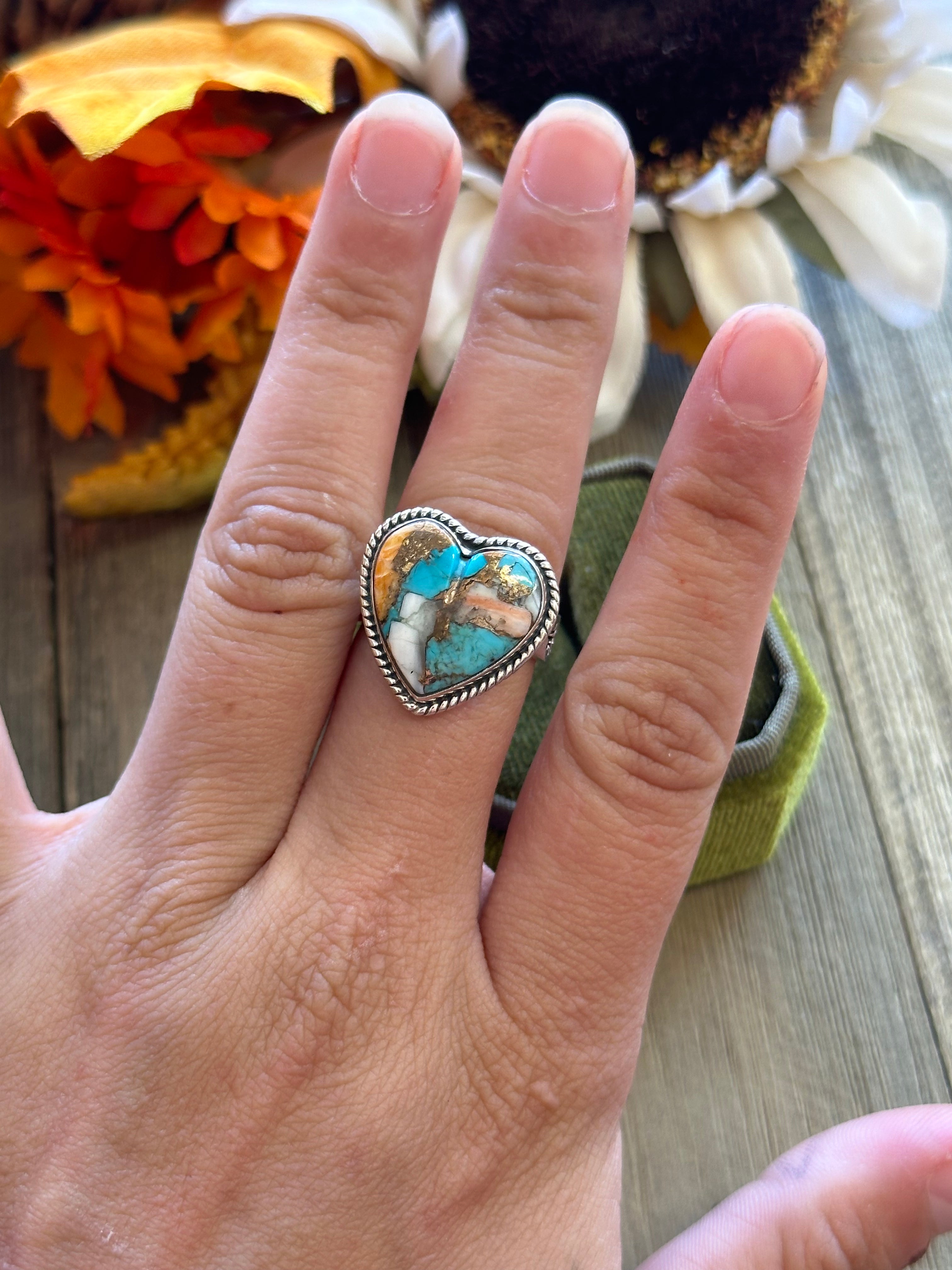 Southwest Handmade Mohave Turquoise & Sterling Silver Adjustable Heart Ring