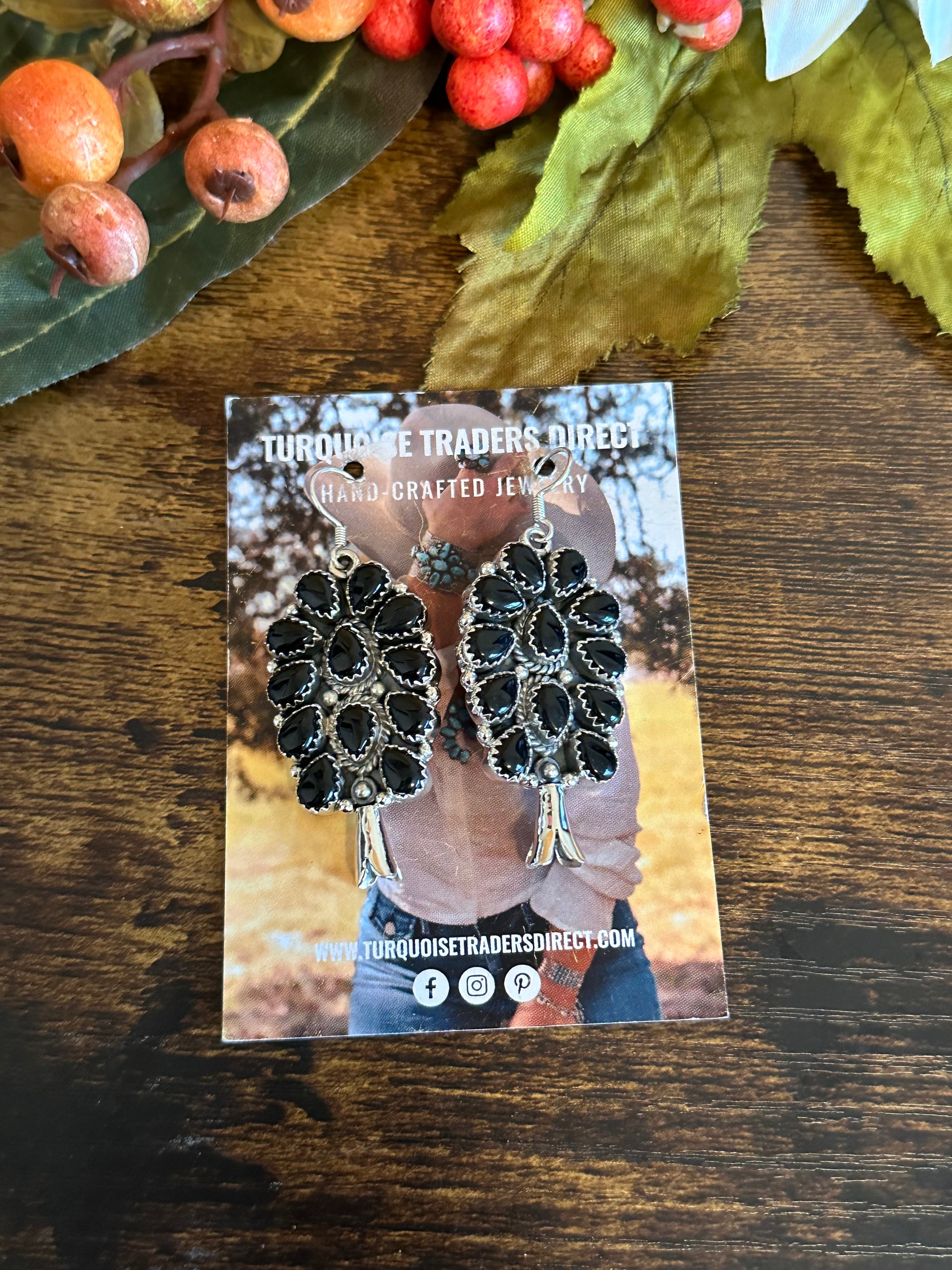 Southwest Handmade Onyx  & Sterling Silver Dangle Cluster Earrings