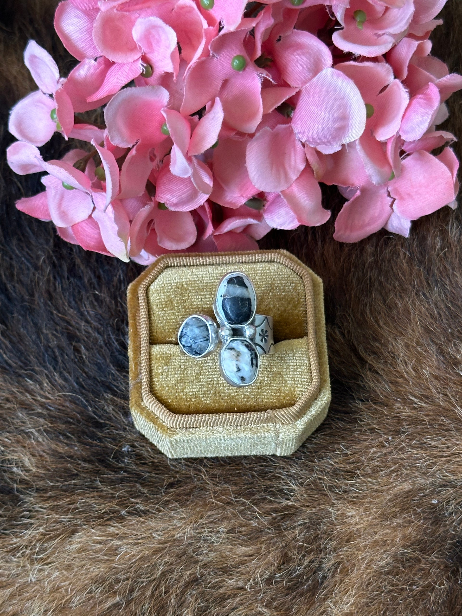 Navajo Made White Buffalo & Sterling Silver Adjustable Ring