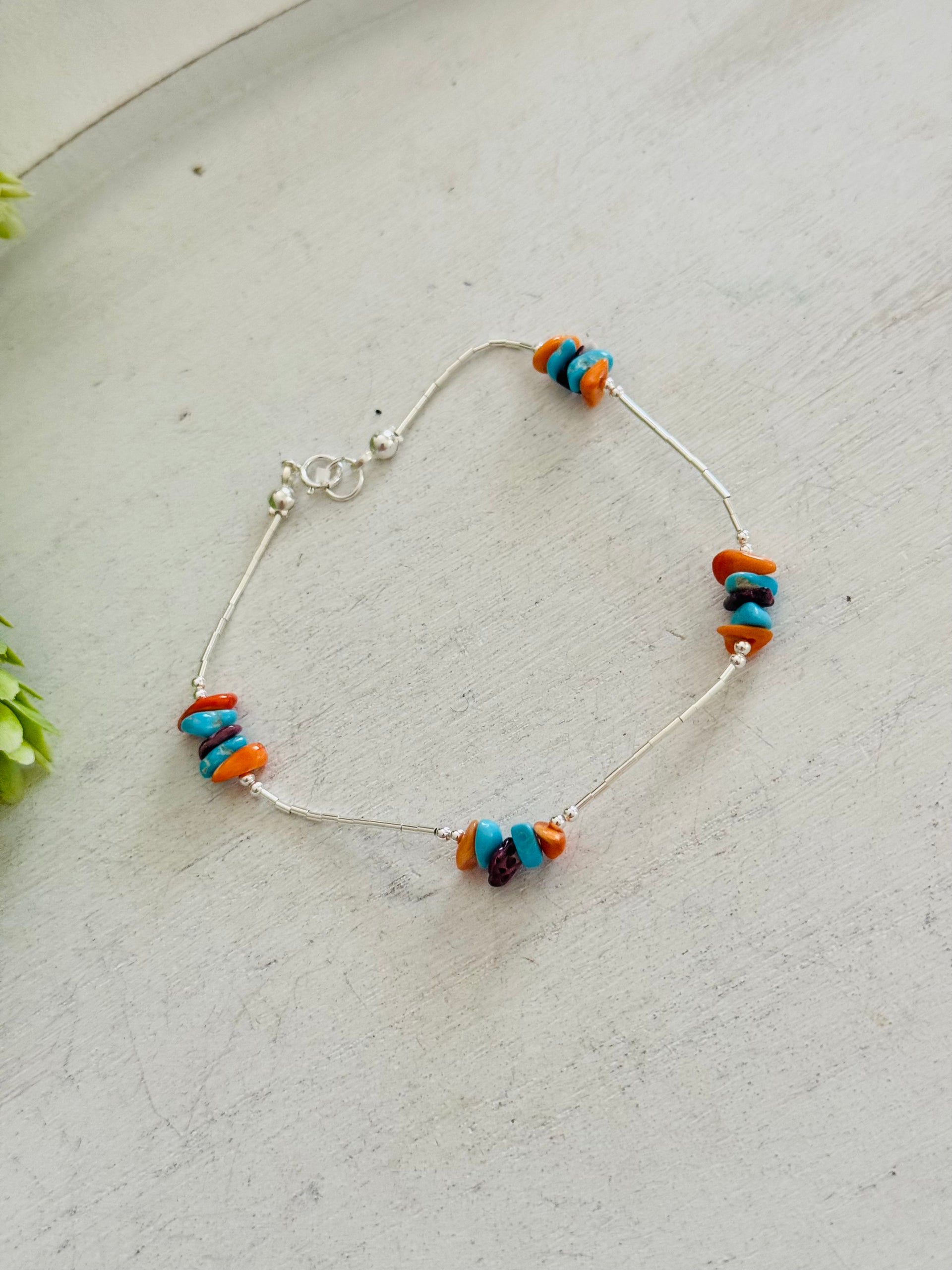 Southwest Strung Multi Stone & Sterling Silver Beaded Anklet