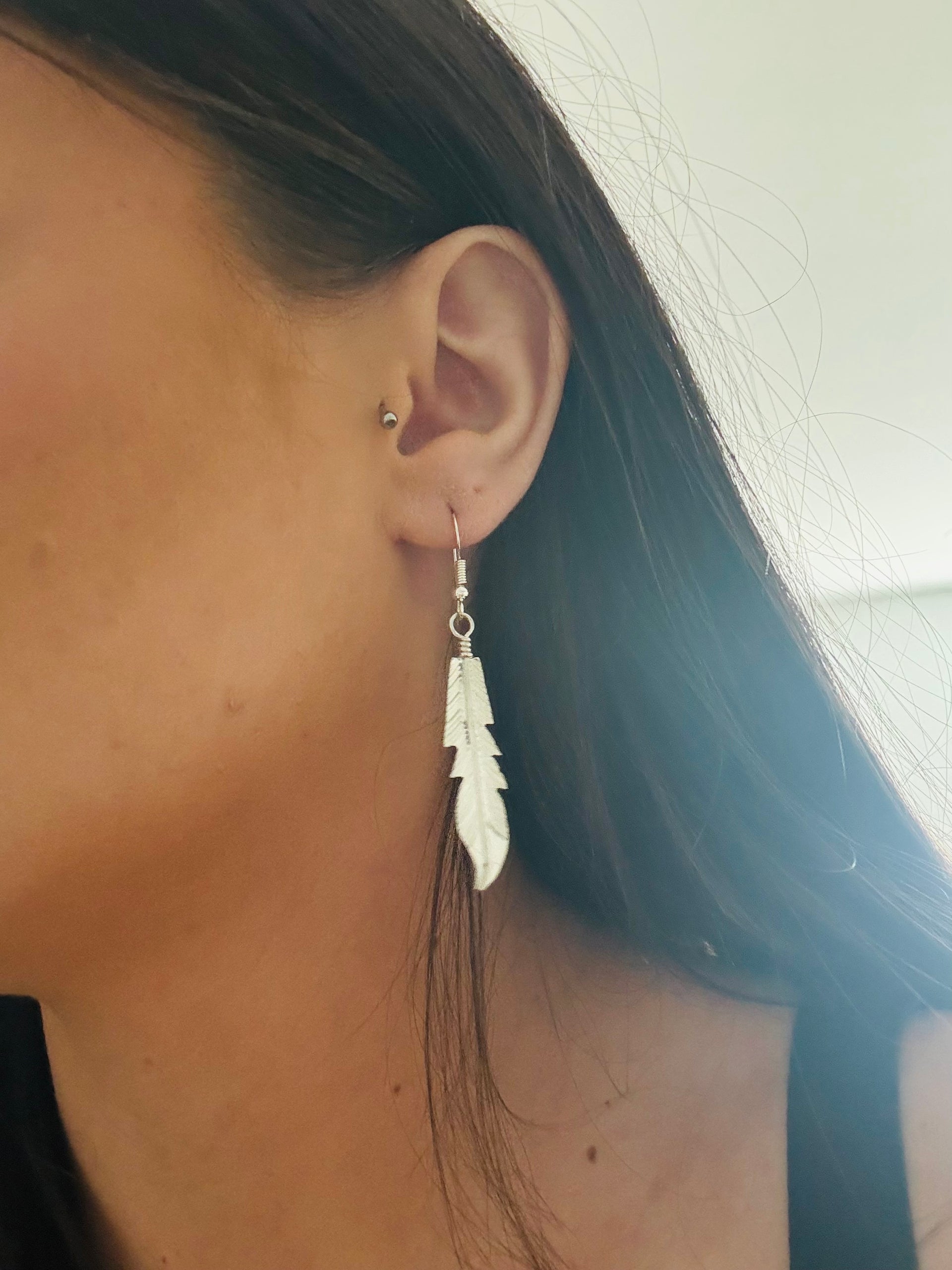 Navajo Made Sterling Silver Feather Dangle Earrings