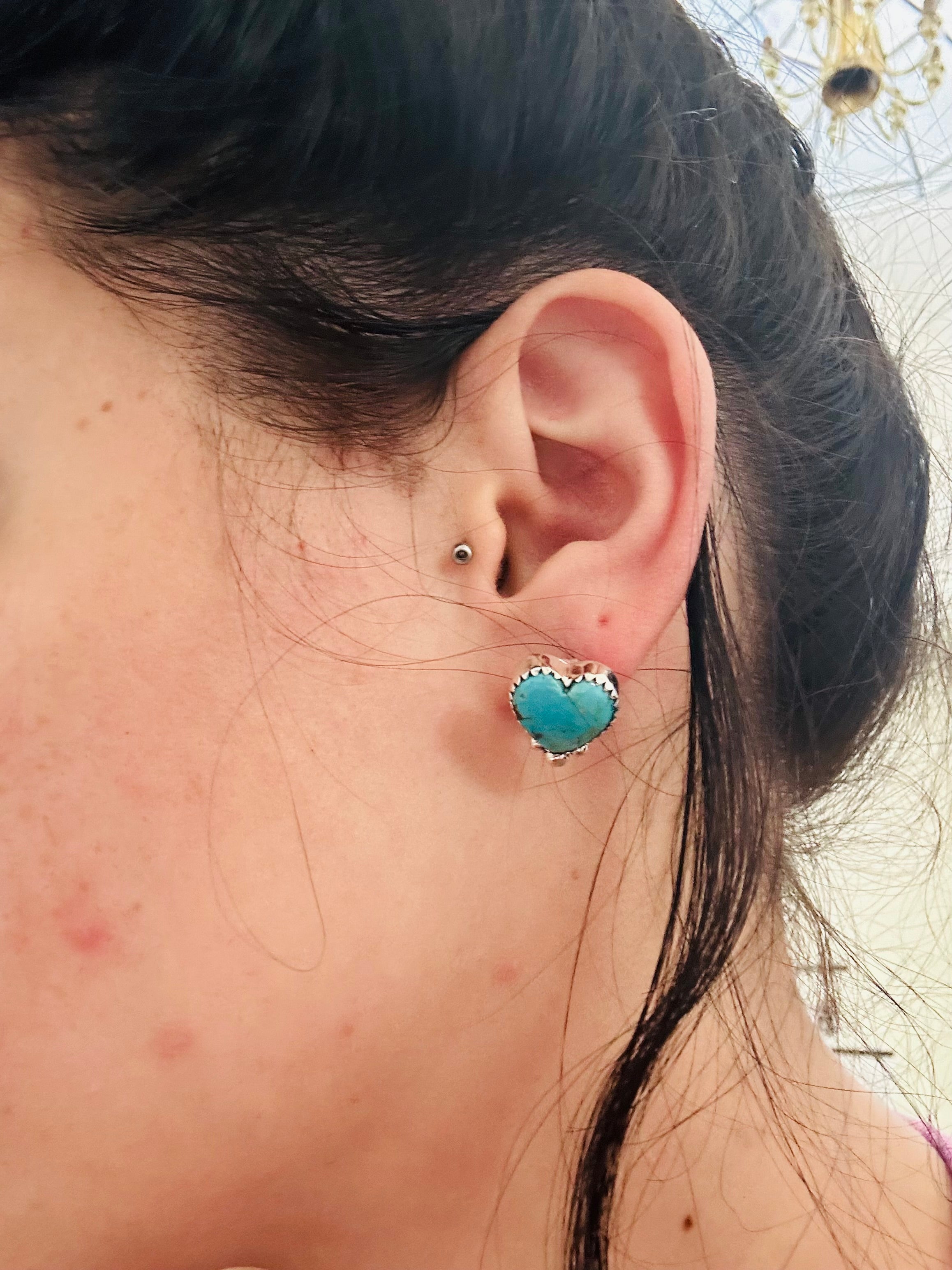 TTD “ dainty” Kingman Turquoise & Sterling Silver Post Heart Earrings