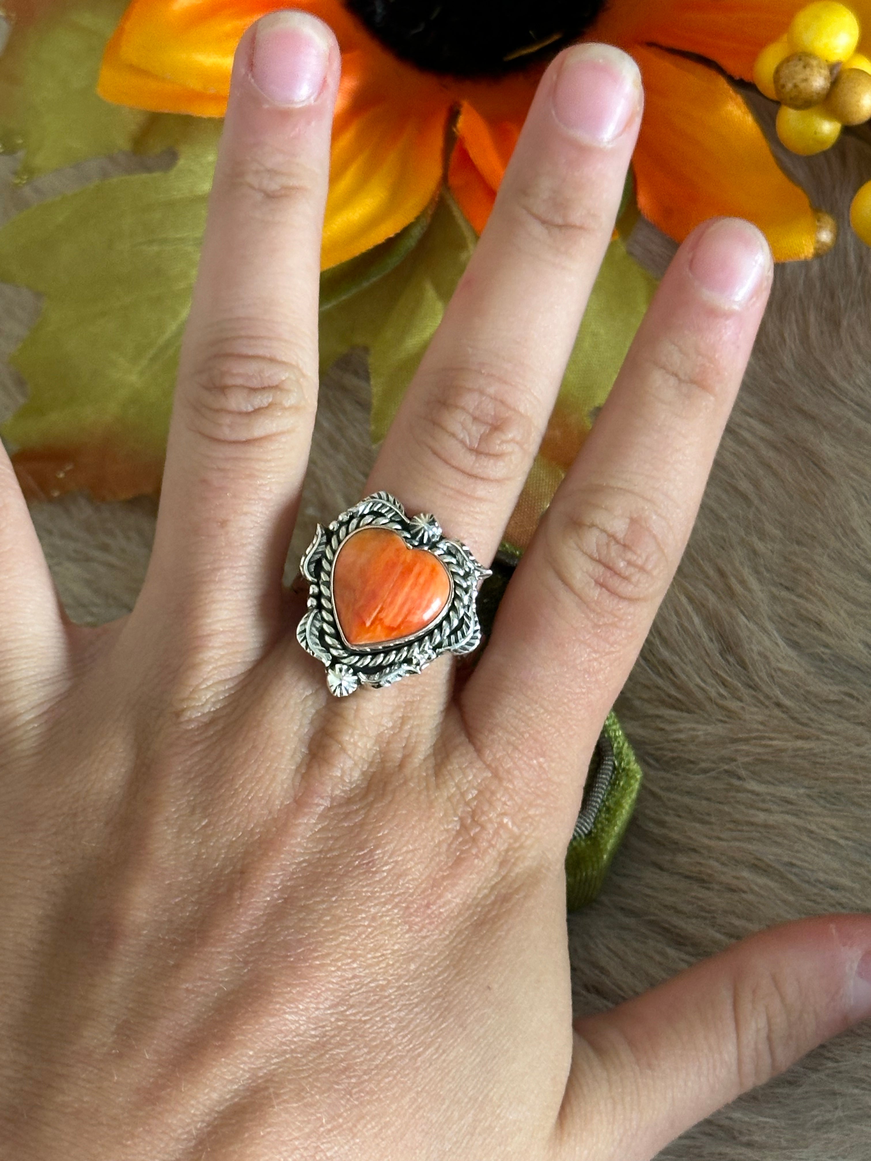 Southwest Handmade Spiny Oyster & Sterling Silver Adjustable Heart Ring