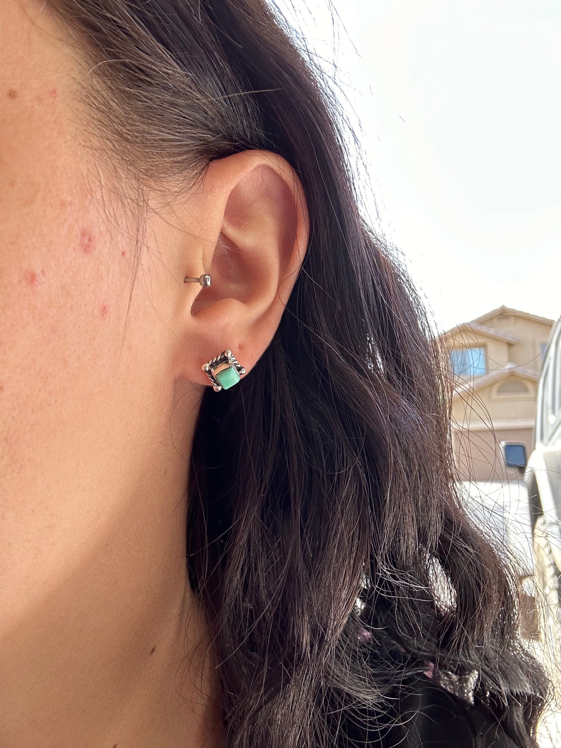 Navajo Made Kingman Turquoise & Sterling Silver Post Earrings
