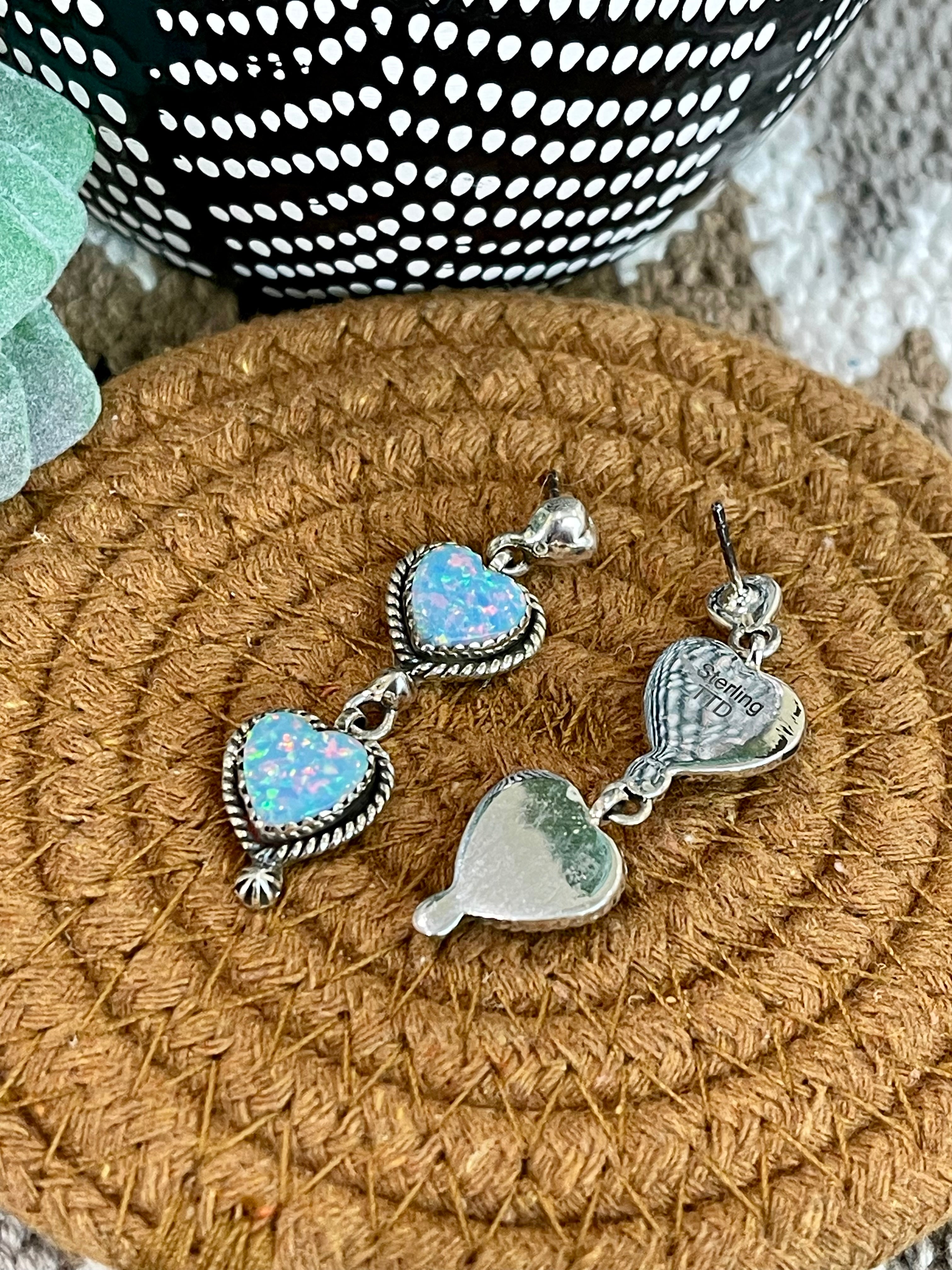 Southwest Handmade Opal & Sterling Silver Post Dangle Heart Earrings