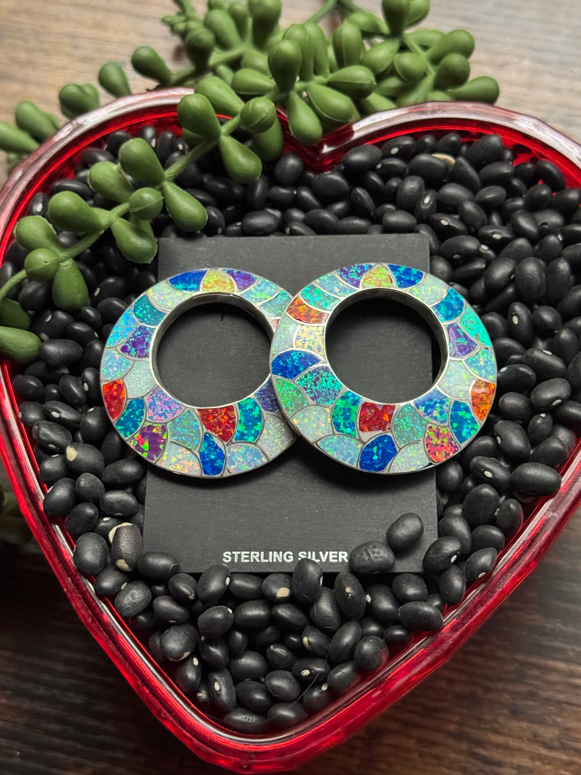 Carmichael Haloo Opal(Man-Made) & Sterling Silver Post Dangle Hoop Inlay Earrings