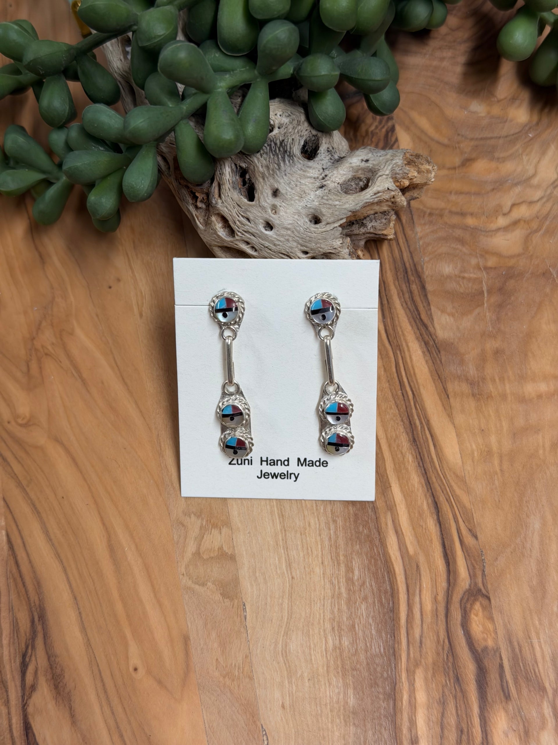 Zuni Made Multi Stone & Sterling Silver Post Dangle Sunface Earrings