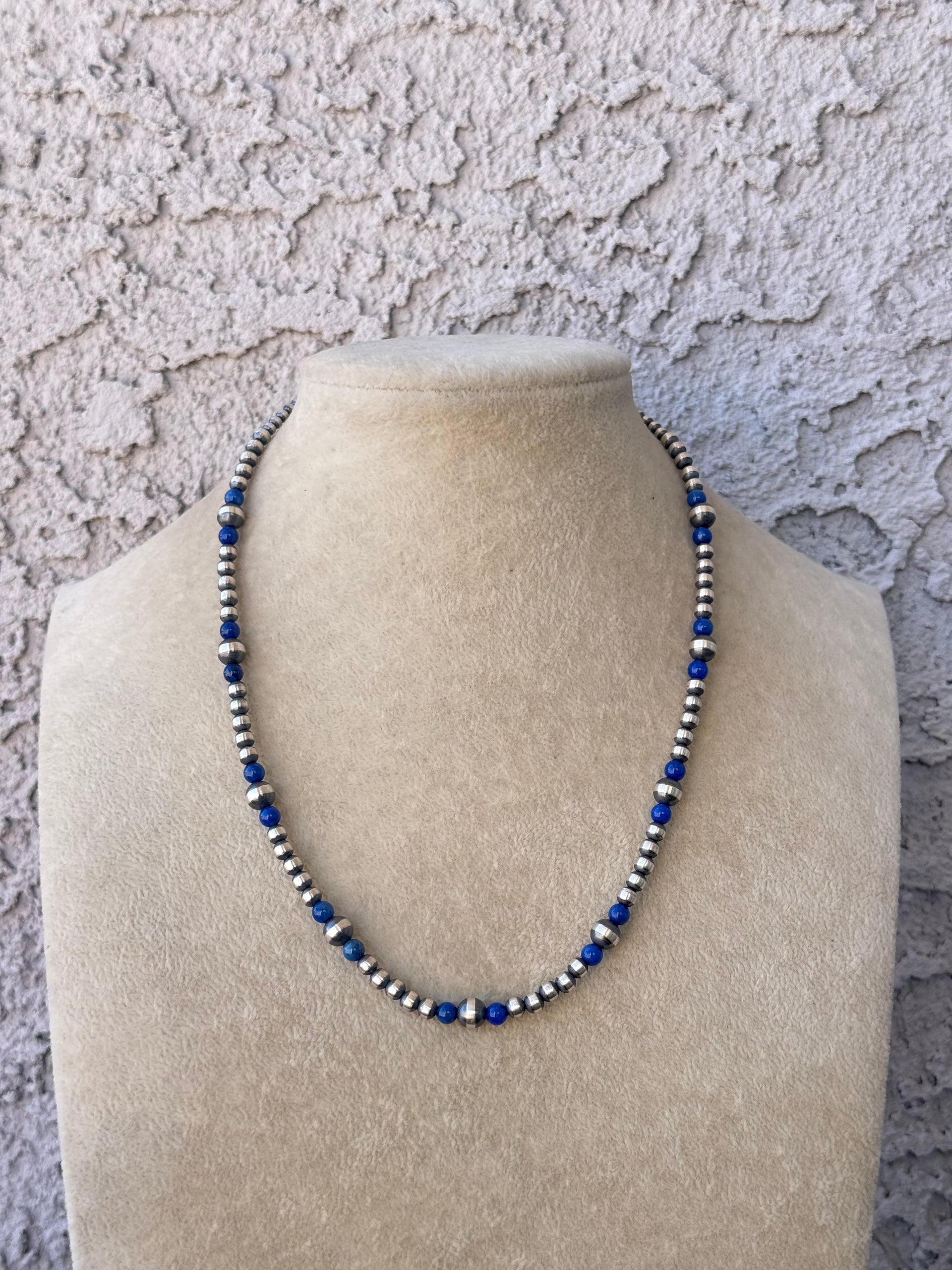 Navajo Strung Lapis & Sterling Silver Graduated Pearl Necklace