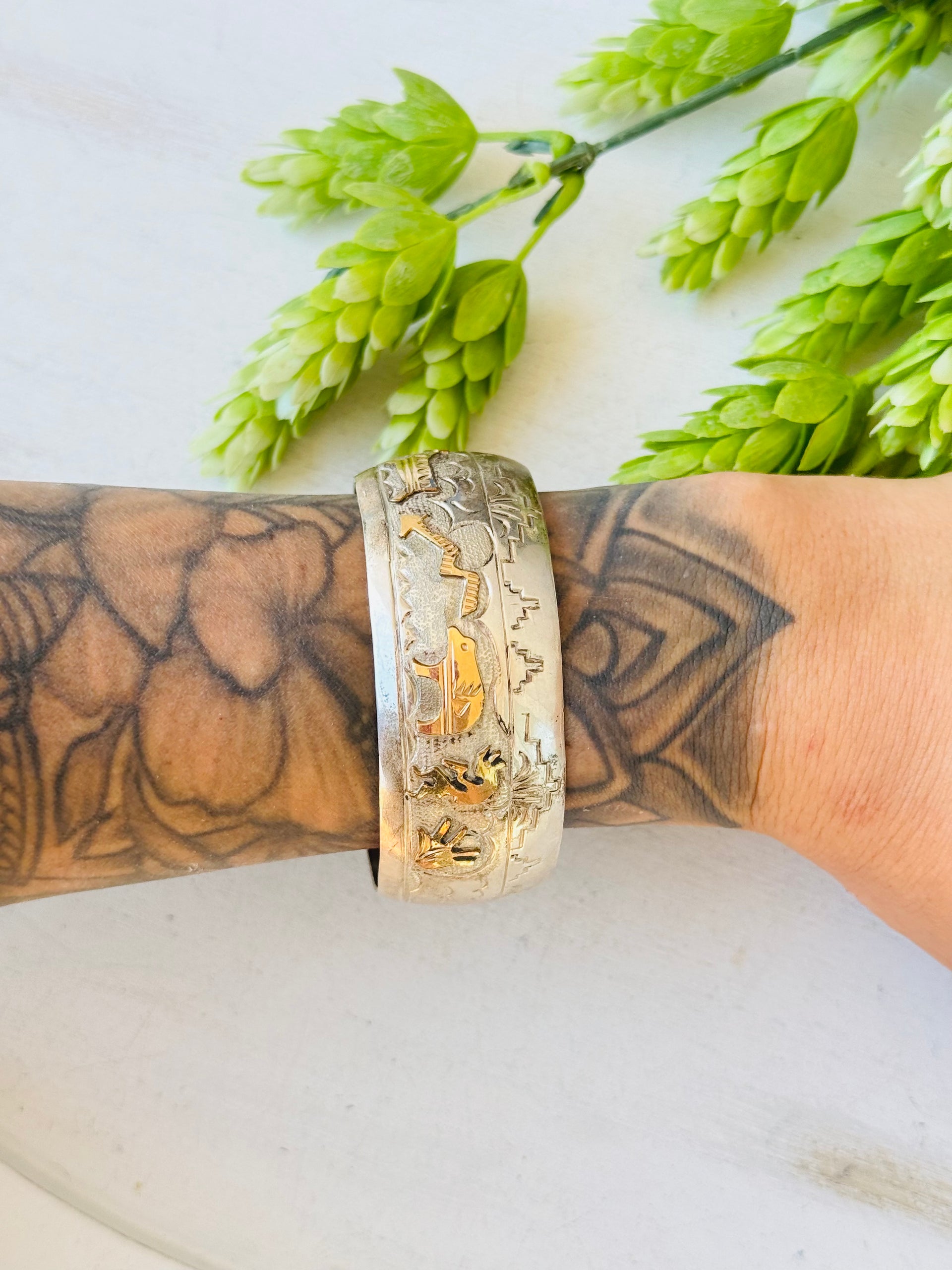 Vintage Navajo Made 12 K Gold Filled Sterling Silver Story Teller Cuff Bracelet