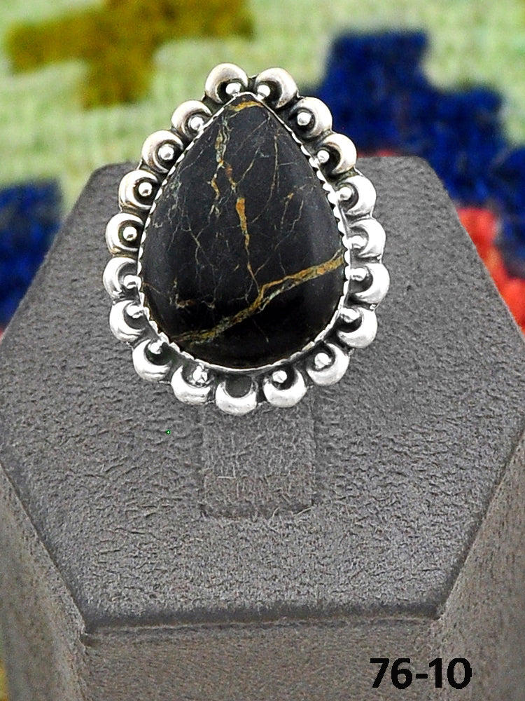 Southwest Handmade Black Jack Turquoise & Sterling Silver Adjustable Ring