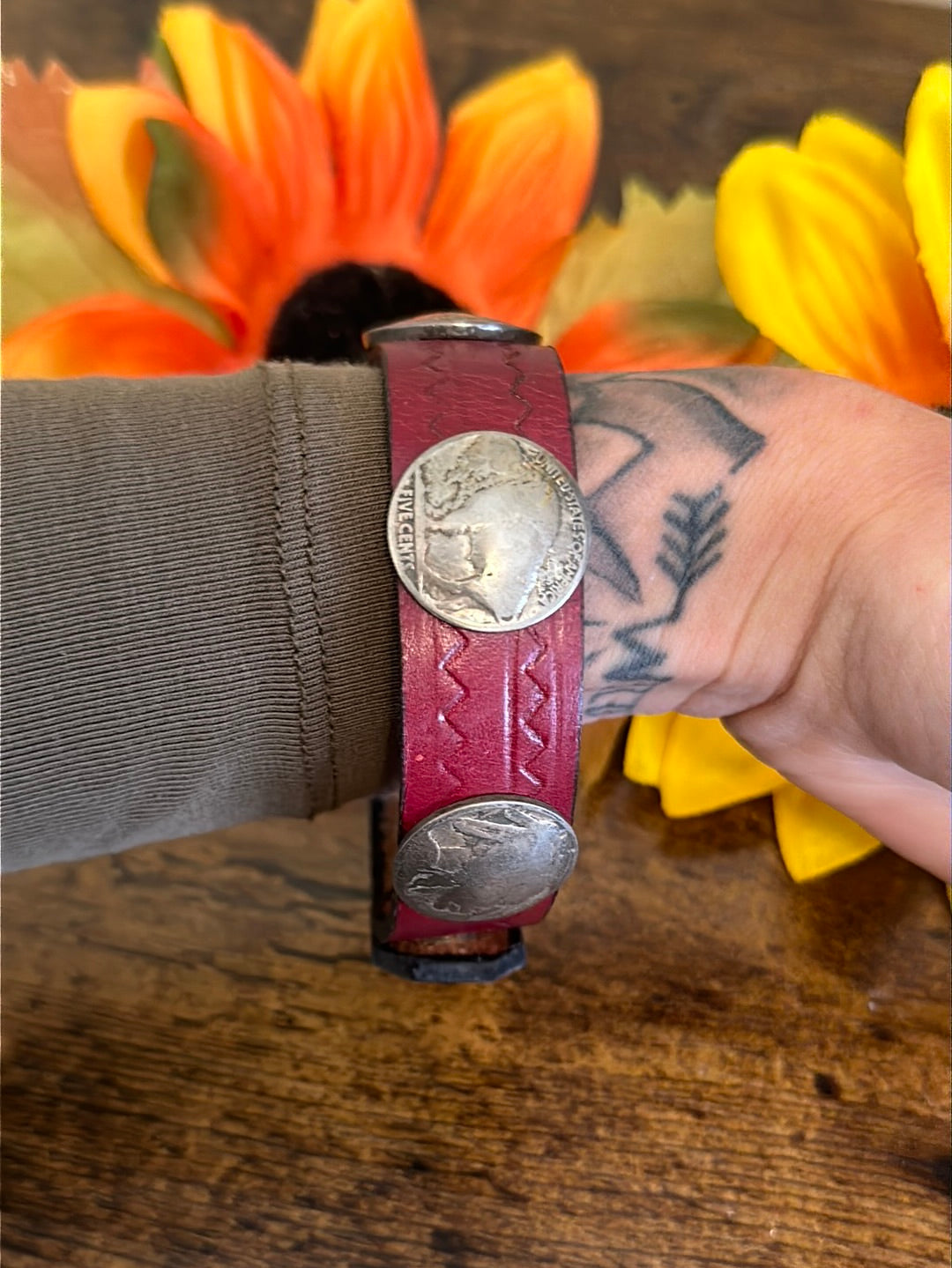 Navajo Made Leather & Sterling Silver Coin Bracelet