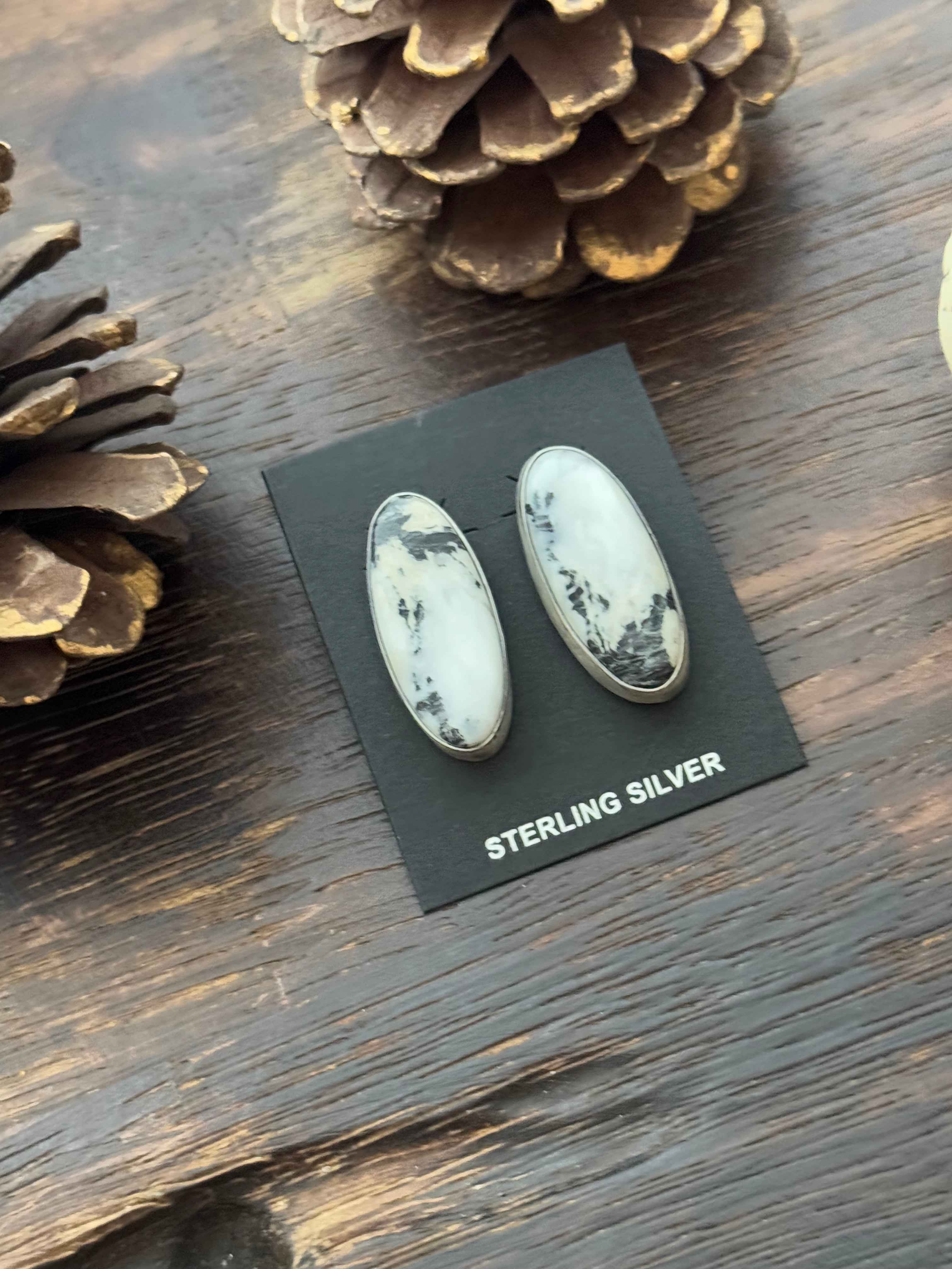 Navajo Made White Buffalo & Sterling Silver Post Earrings