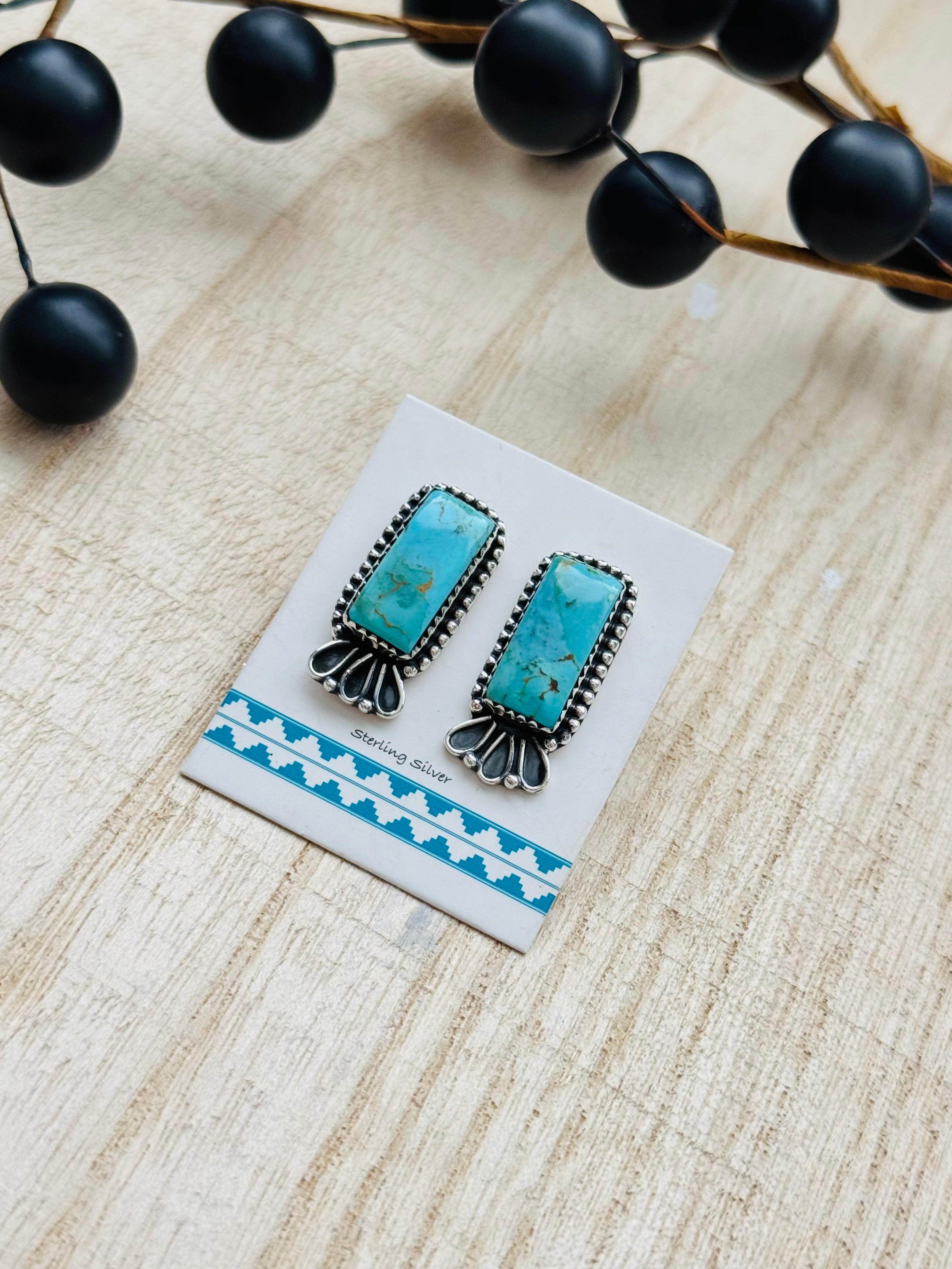 Southwest Handmade #8 Turquoise & Sterling Silver Post Bar Earrings