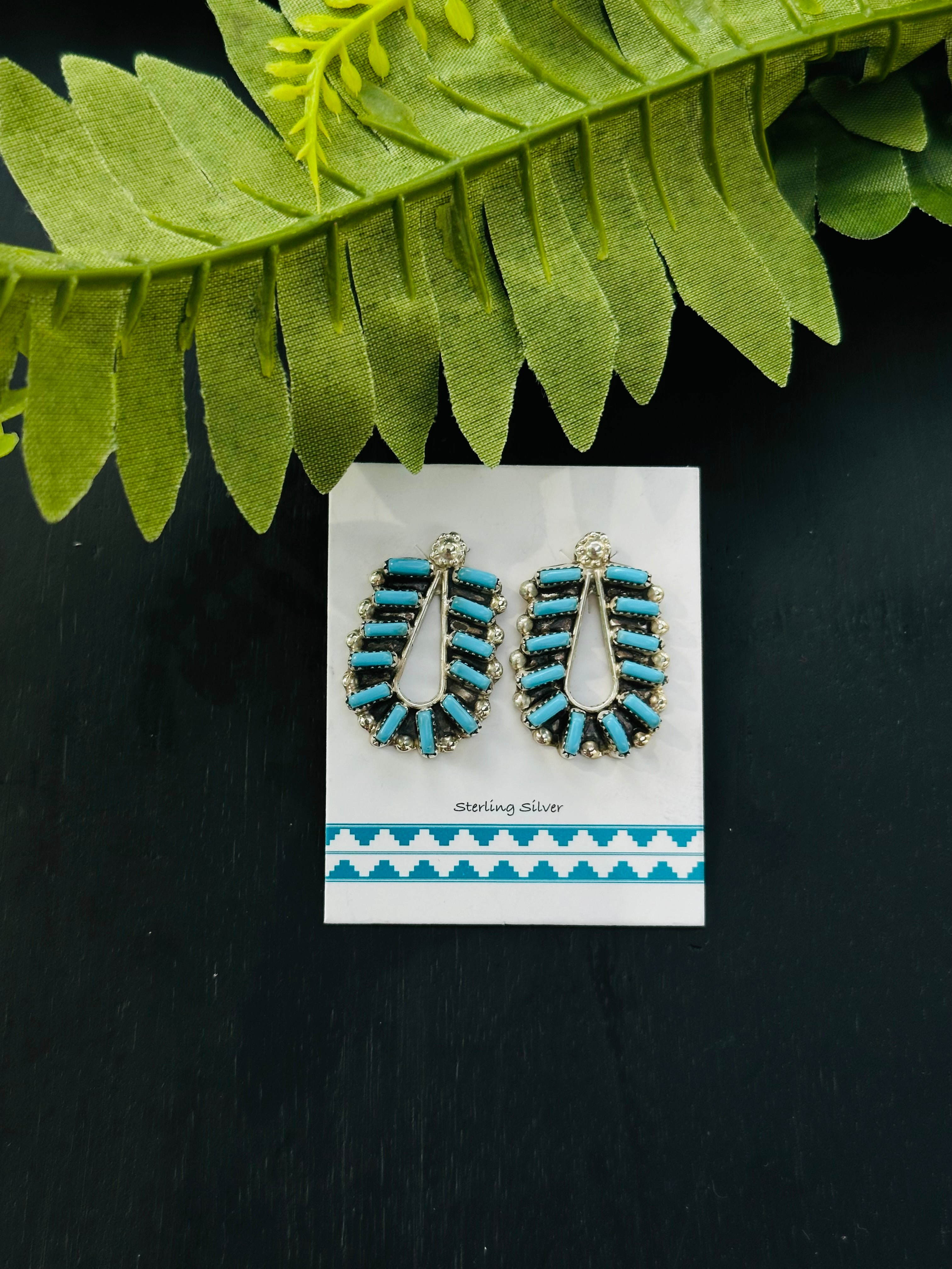 Zuni Made Turquoise Petite Point & Sterling Silver Post Dangle Earrings