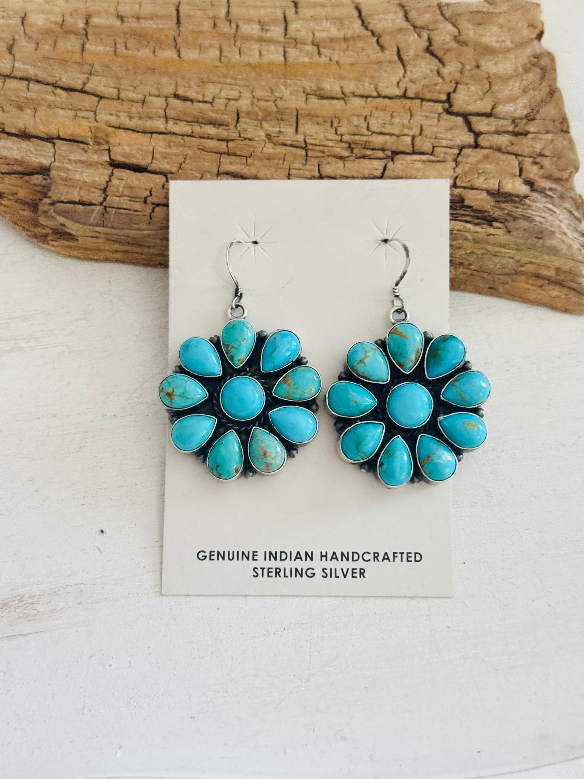 Annie Spencer Kingman Turquoise & Sterling Silver Cluster Dangle Earrings