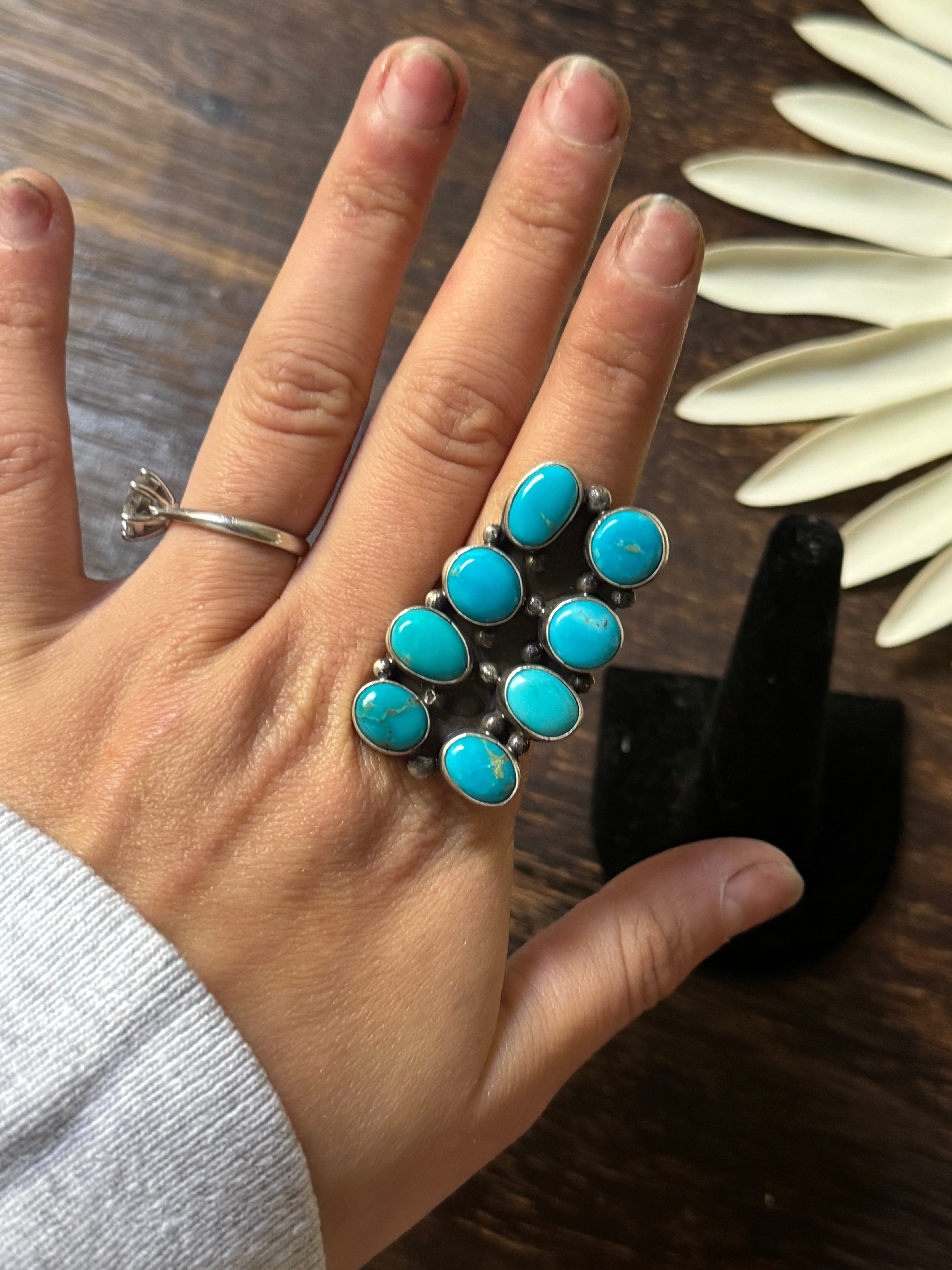 Navajo Made Kingman Turquoise & Sterling Silver Cluster Ring Size 8.25