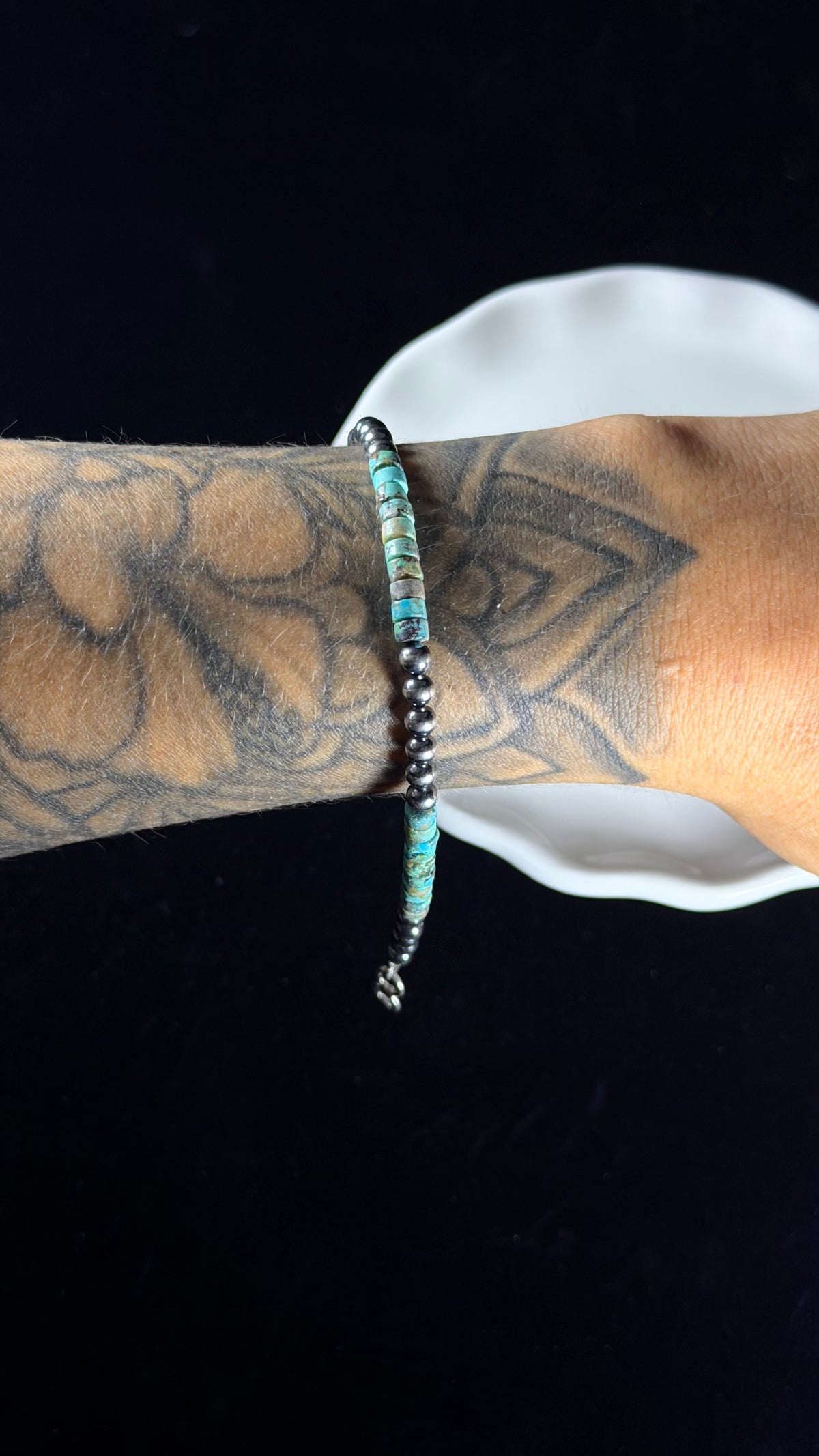 Navajo Made Strung Heshi Turquoise & Sterling Silver Machine Made Beaded Bracelet