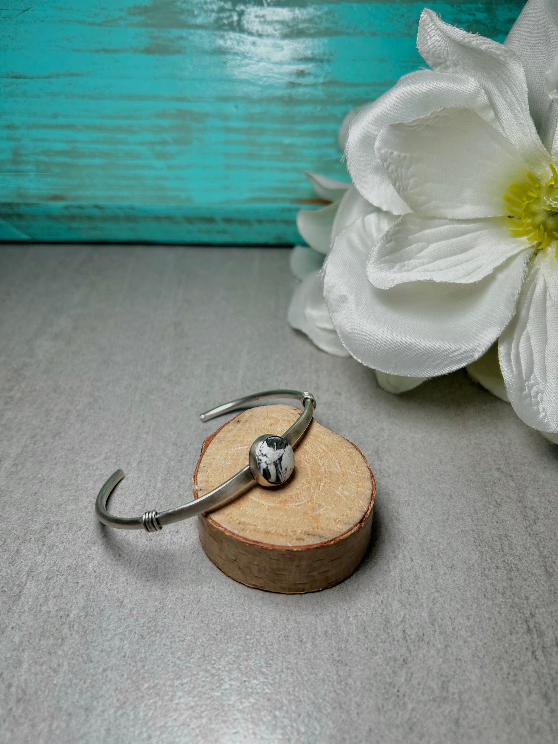 Navajo Made White Buffalo & Sterling Silver Cuff Bracelet